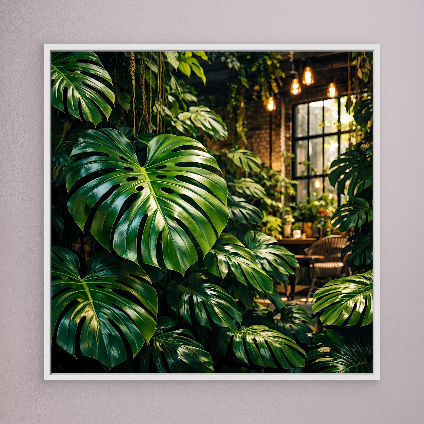 Leinwandbild mit grünen Tropenblättern (Monstera) im weißen Rahmen
