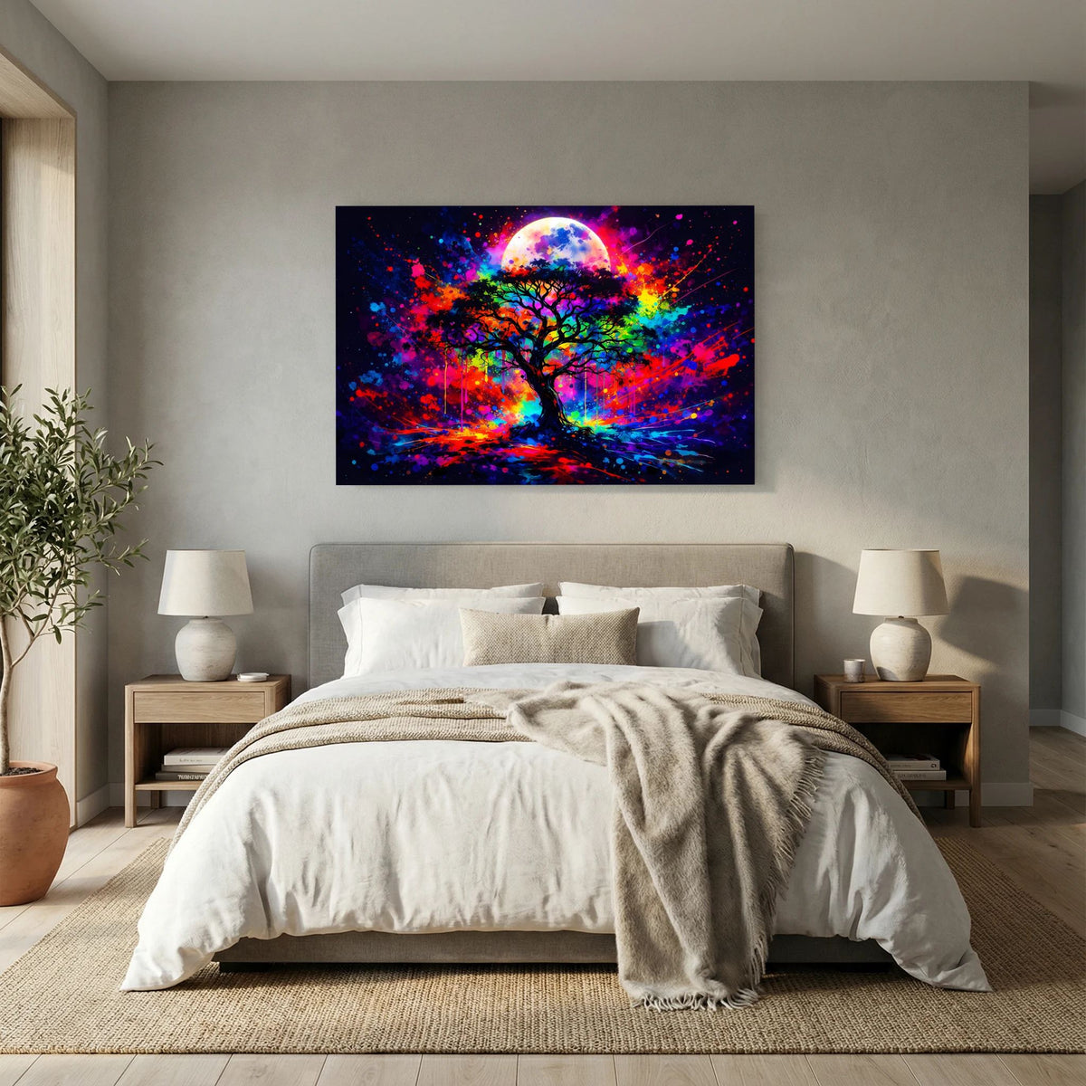 Wandbild mit Baummotiv und Vollmond, bunte Neonfarben, rechteckig, schwarzer Rahmen