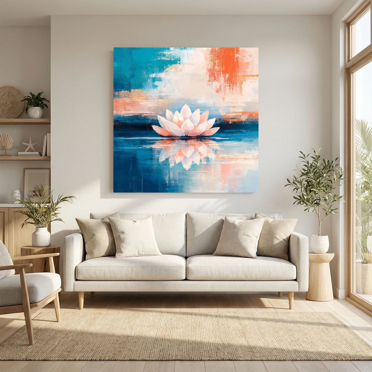 Abstraktes Seerosen-Wandbild mit weißer Lotusblüte und Wasserreflexen, blau-oranges Motiv