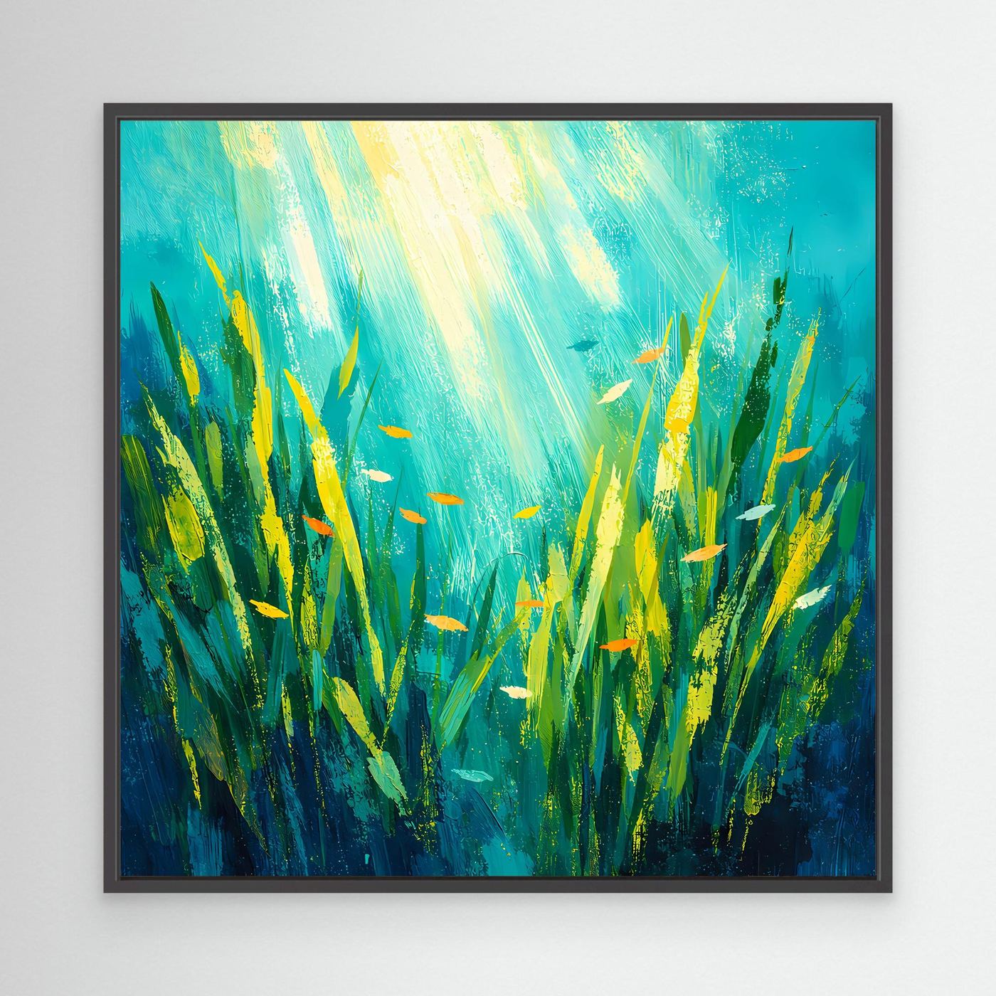 Leinwand Lichtdurchfluteter Algenwald unter Wasser | Abstraktes Ozean Wandbild