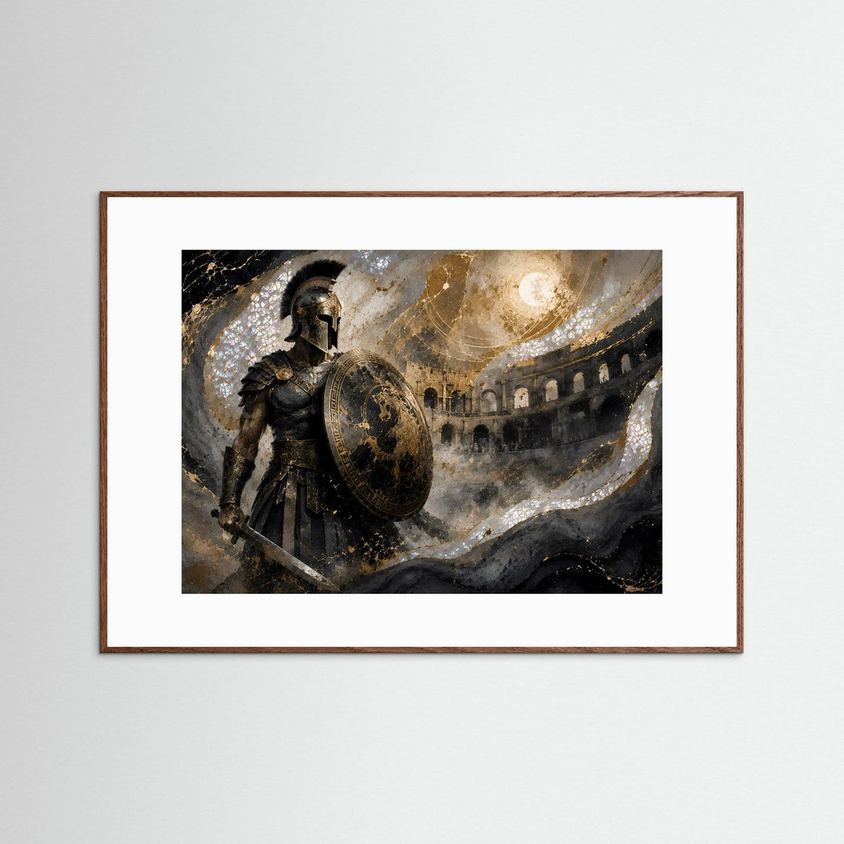 Poster mit römischem Gladiator in dunkler Rüstung, Schild in Gold, im braunen Rahmen mit weißem Rand.