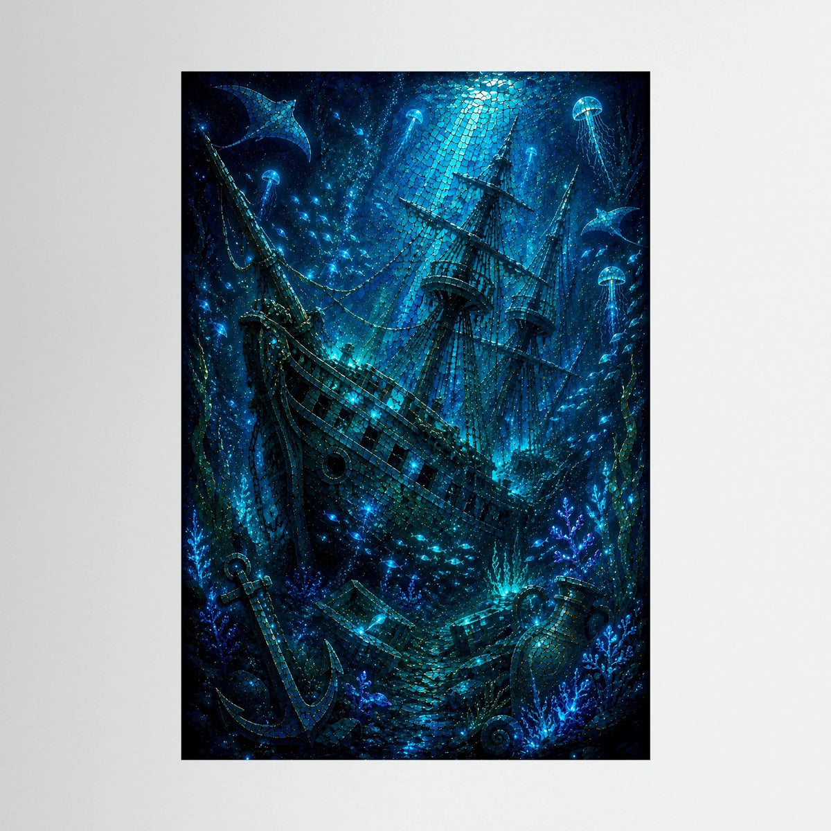 Unge-rahmtes Kunstposter mit blauem versunkenem Geisterschiff