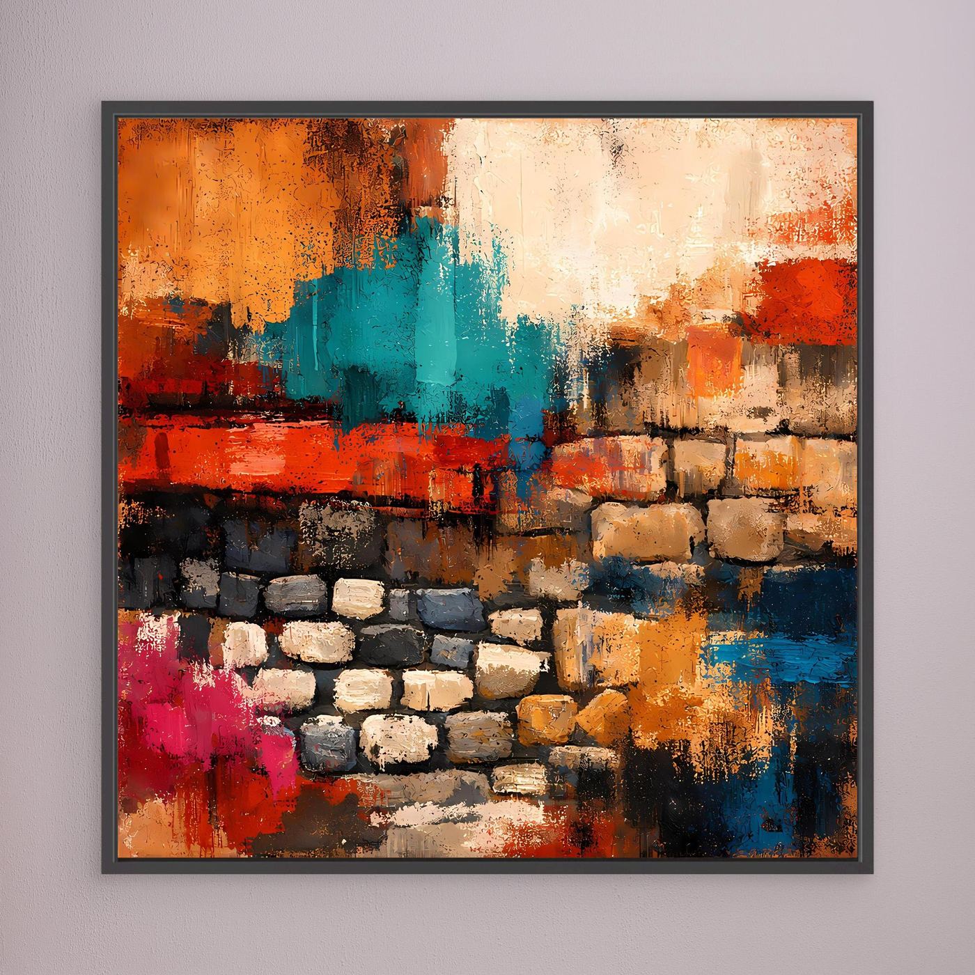 Leinwand-Wandbild mit abstrakter Steinmauer, Farbfelder in Orange, Türkis, Rot und Blau, dunkelgrau gerahmt
