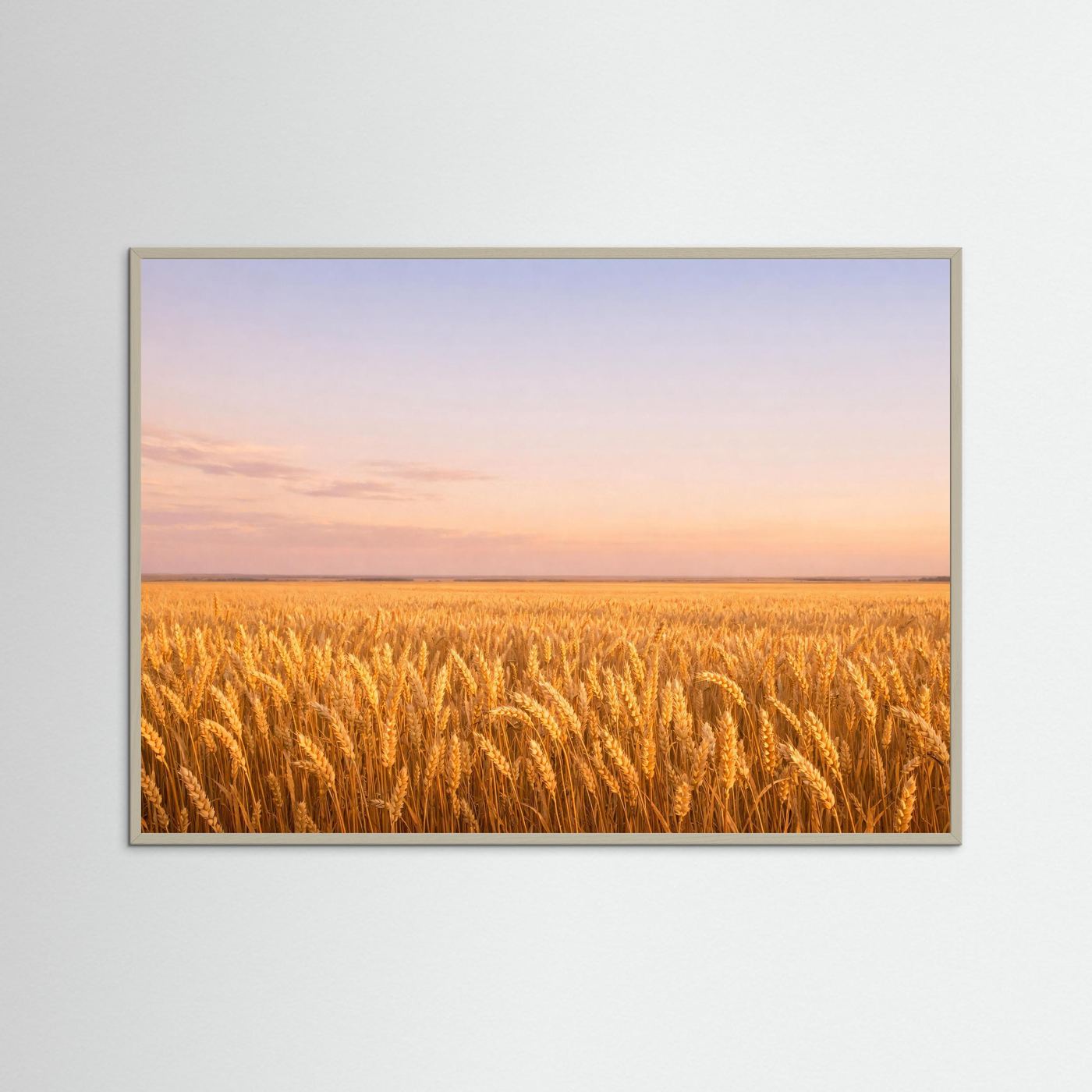 Wandbild mit goldenem Kornfeld und hellem grauem Rahmen