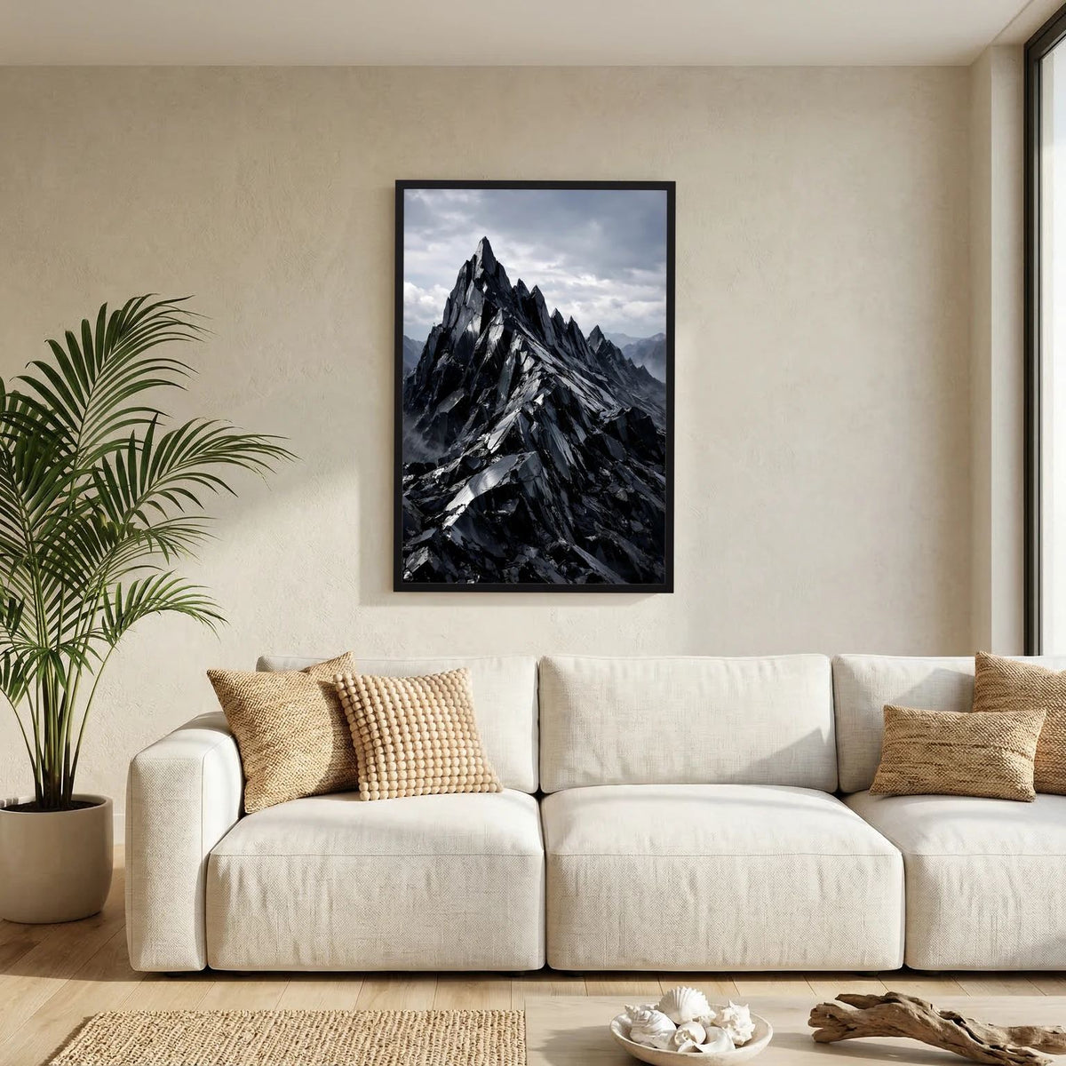 Wandbild-Poster mit schwarzem Rahmen und Kristallbergmotiv in Schwarz-Grau, Hochformat.