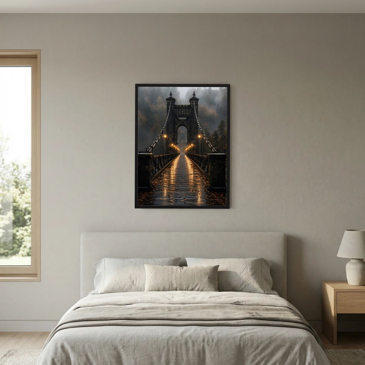 Hochformat-Poster mit Hängebrücke bei Nacht, Laternen schaffen einen warmen Lichtschimmer