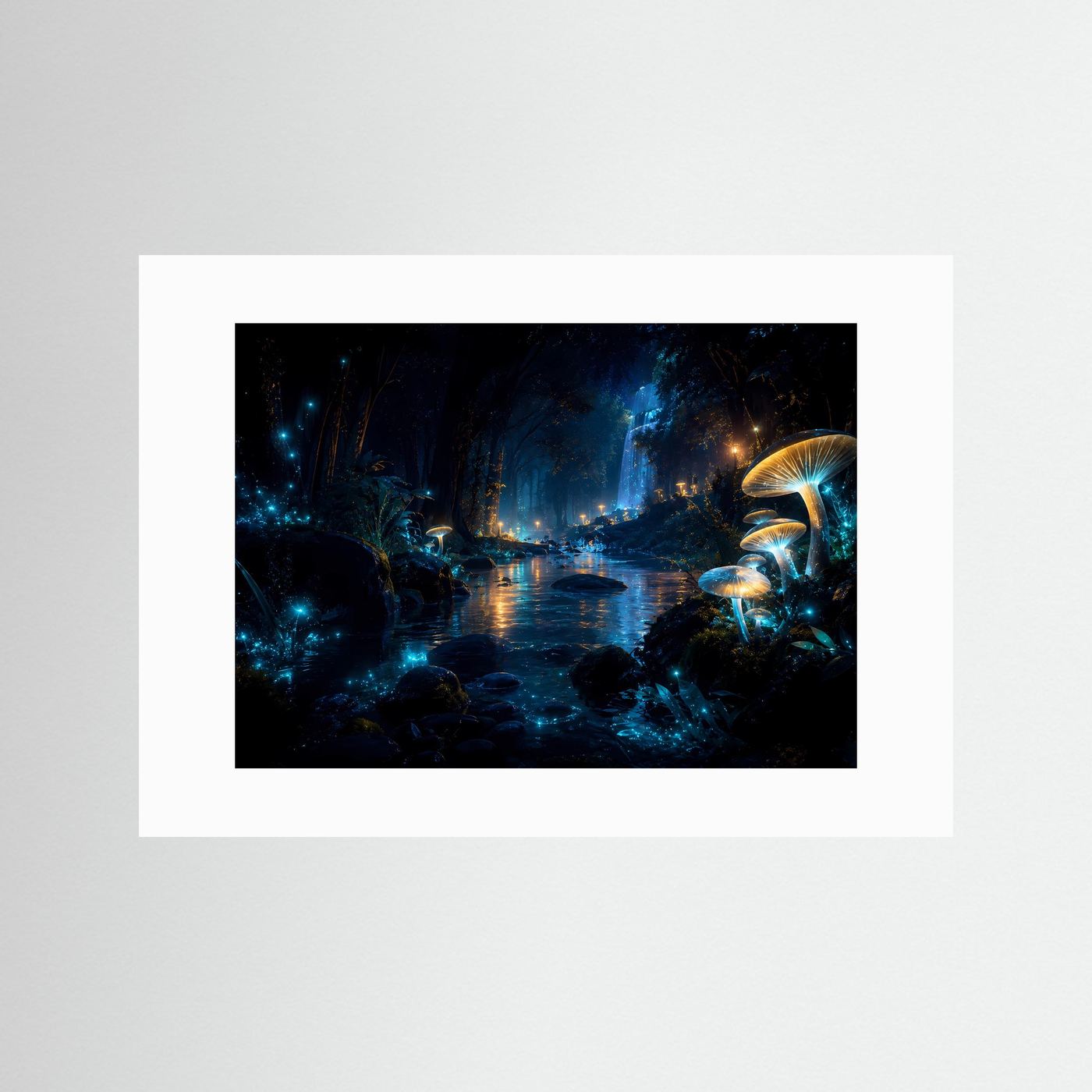 Magischer Nachtwald mit leuchtenden Pilzen | Mystischer Wasserfall in Blau & Gold
