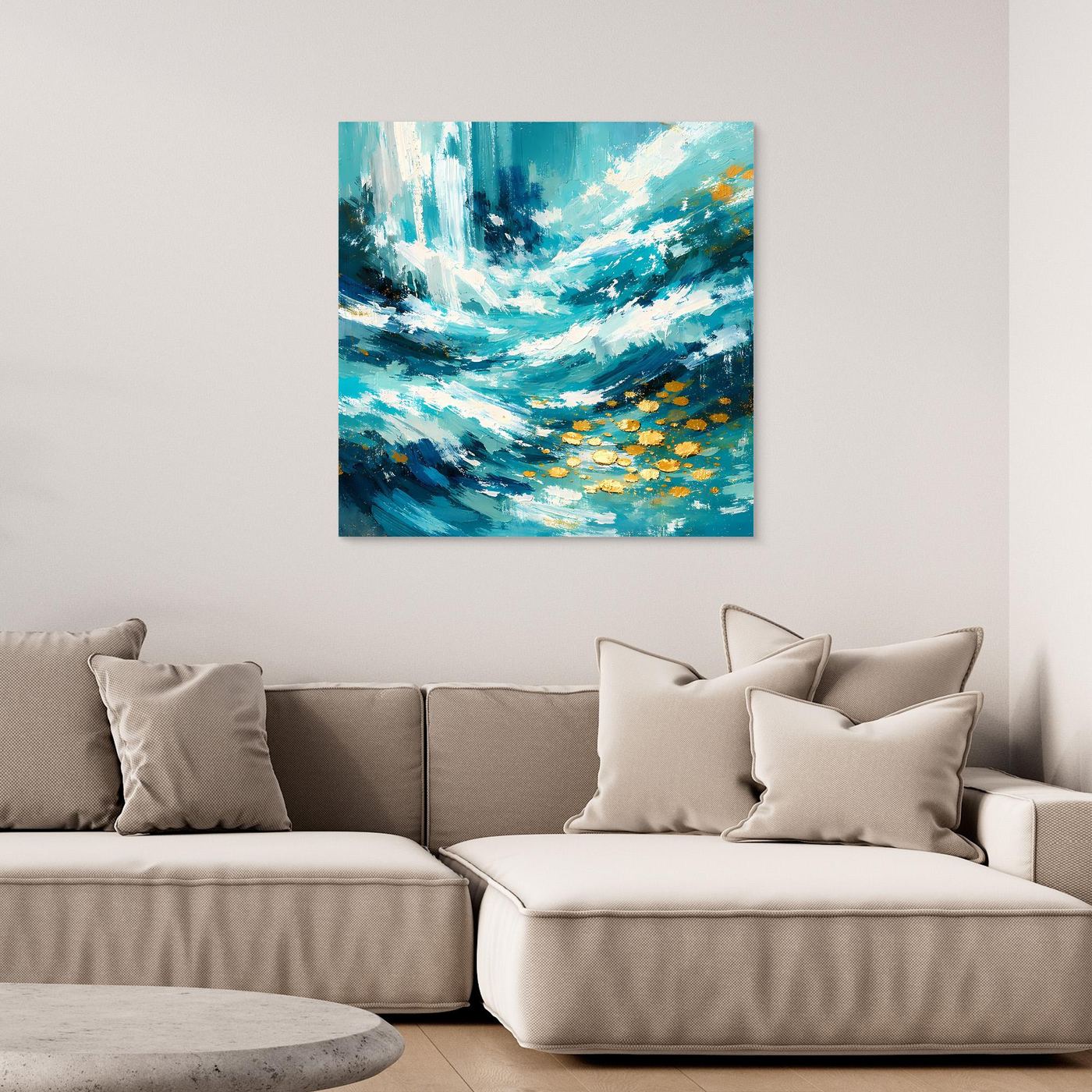 Abstraktes Ozean-Wandbild auf Leinwand mit türkis-blauen Meereswellen und goldenen Akzenten