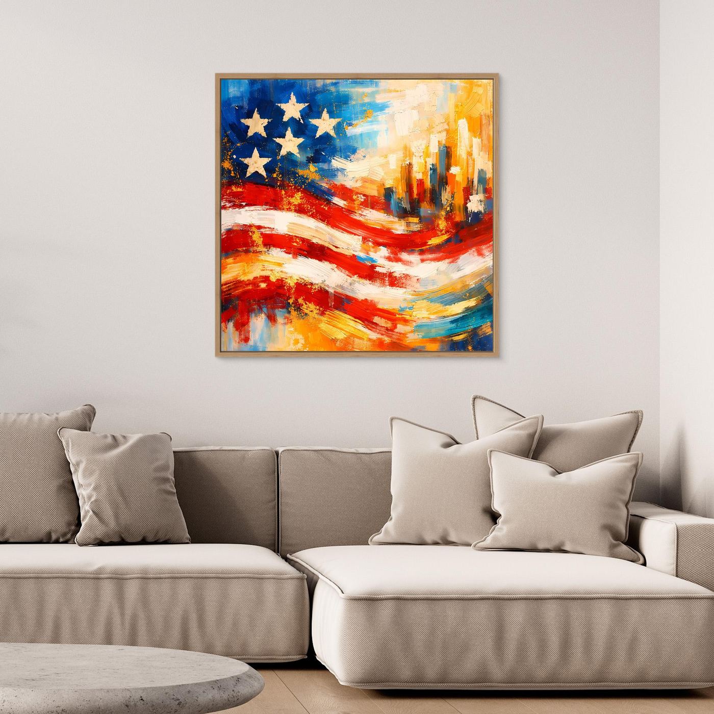 Gerahmtes Leinwandbild mit abstrakter US-Flagge und Skyline, Rot-Blau-Gelb