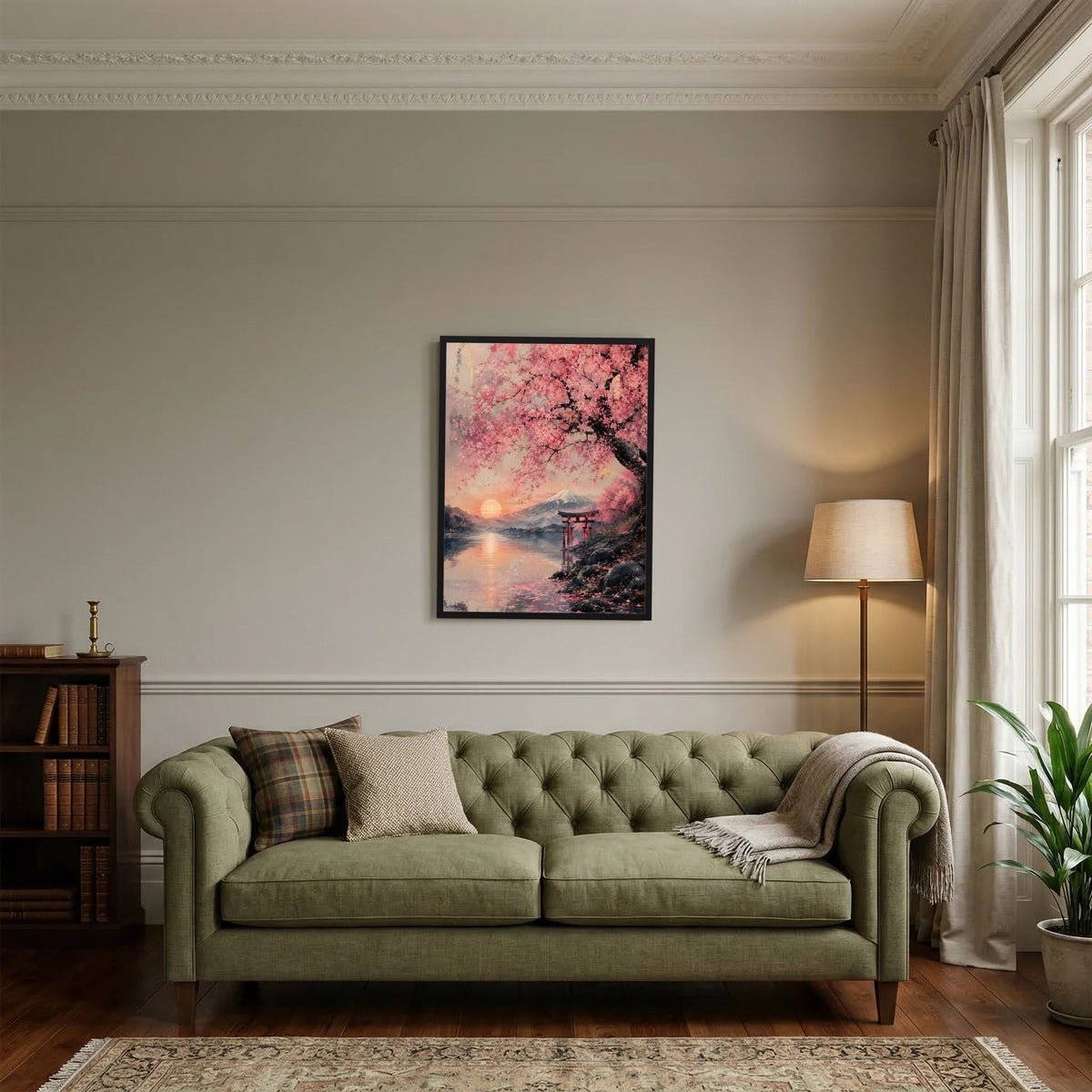 Gerahmtes Hochformat-Poster mit Sakura-Blüten, See bei Sonnenuntergang und Torii