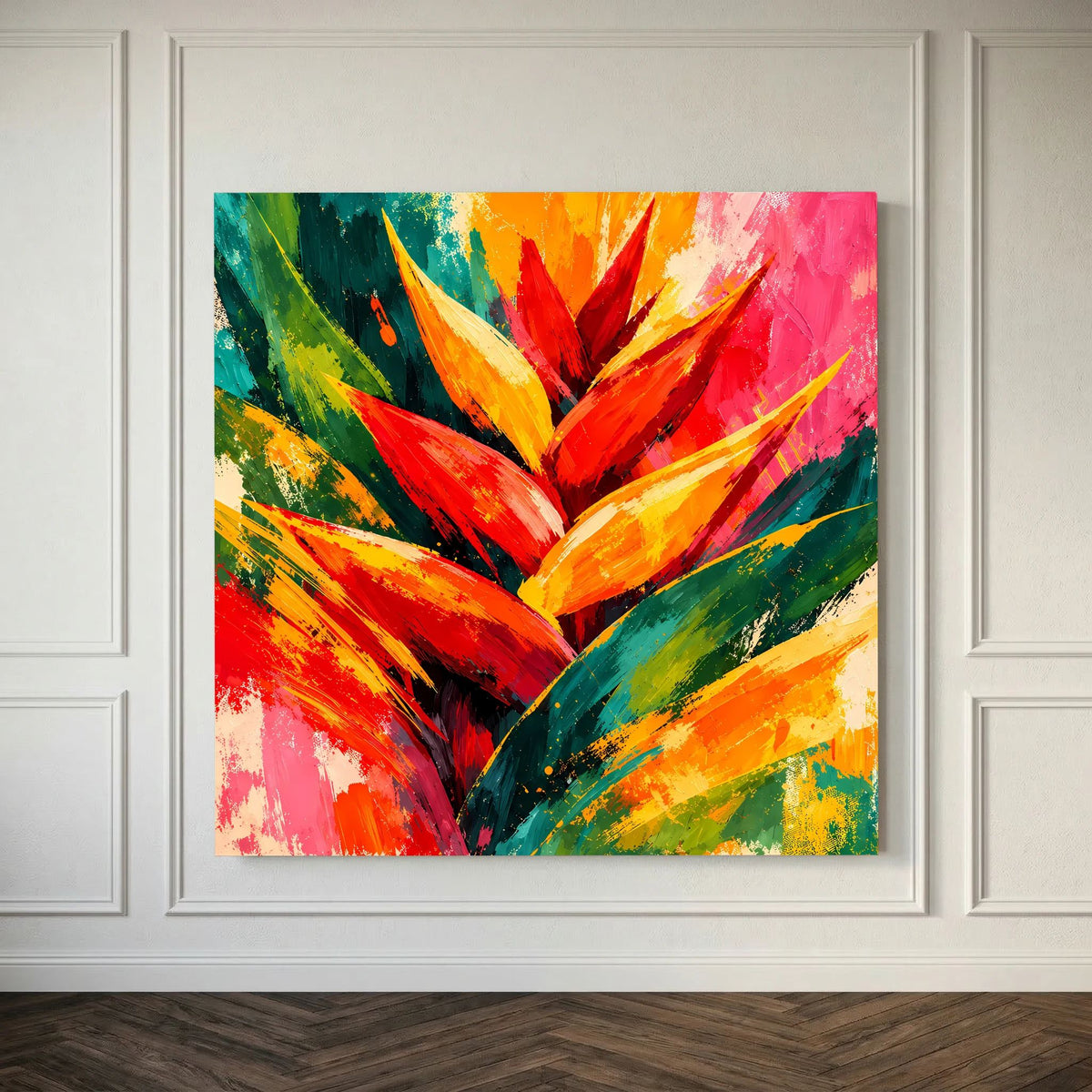 Leinwand Abstrakte Helikonie Blüte | Modernes Tropen Wandbild Bunt Exotisch