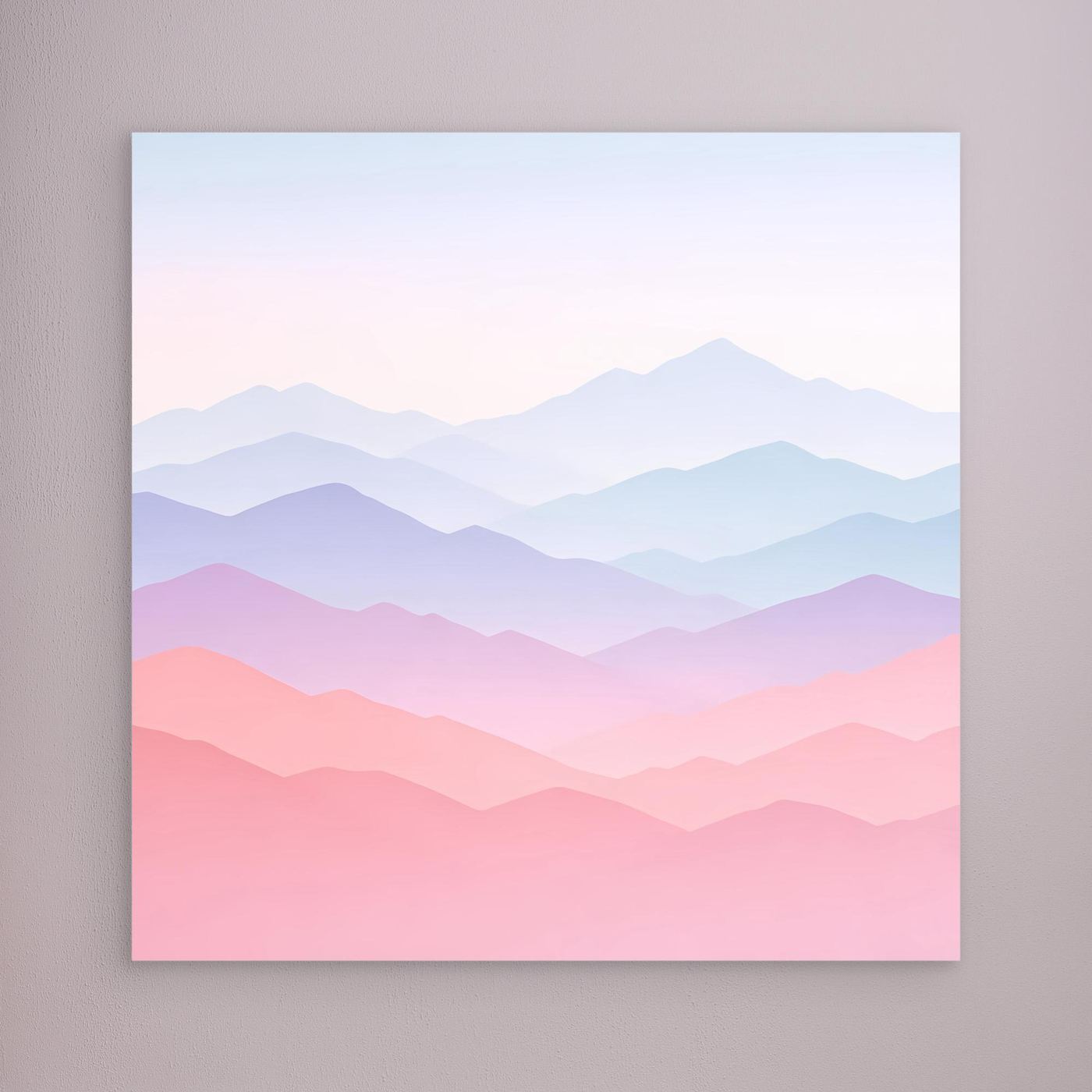 Leinwandbild ohne sichtbaren Rahmen, pastellige Berge in Blau-Rosa