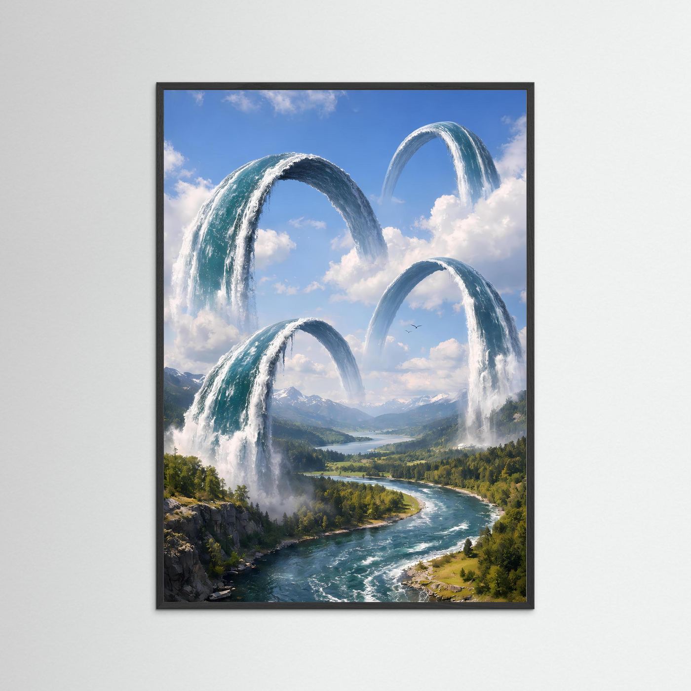 Kunstposter im schwarzen Rahmen mit schwebenden Wasserbögen über Flusslandschaft