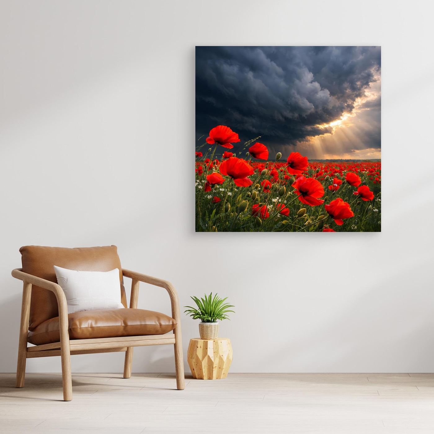 Leinwandbild mit roten Mohnblumen und Gewitterhimmel, dunkel gerahmt