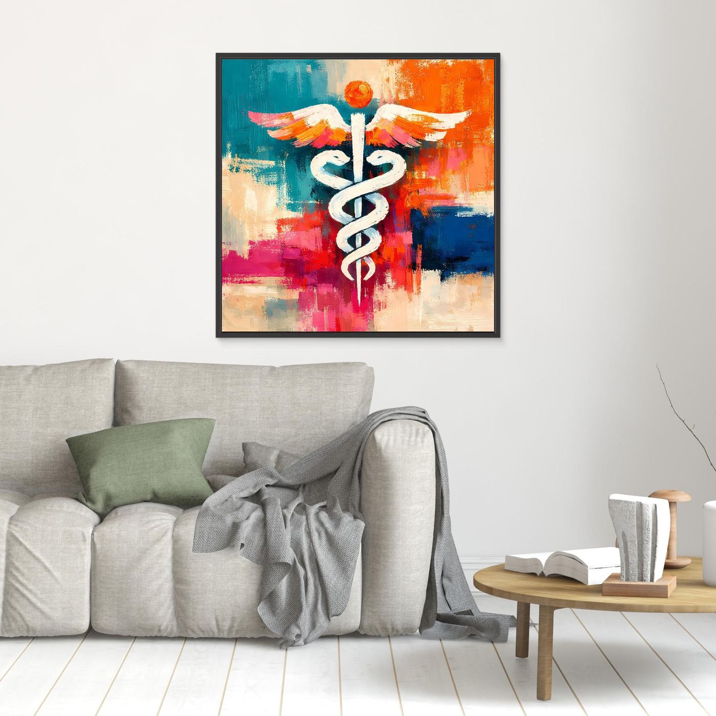 Abstract medical caduceus artwork with wings, colorful paint, black frame
