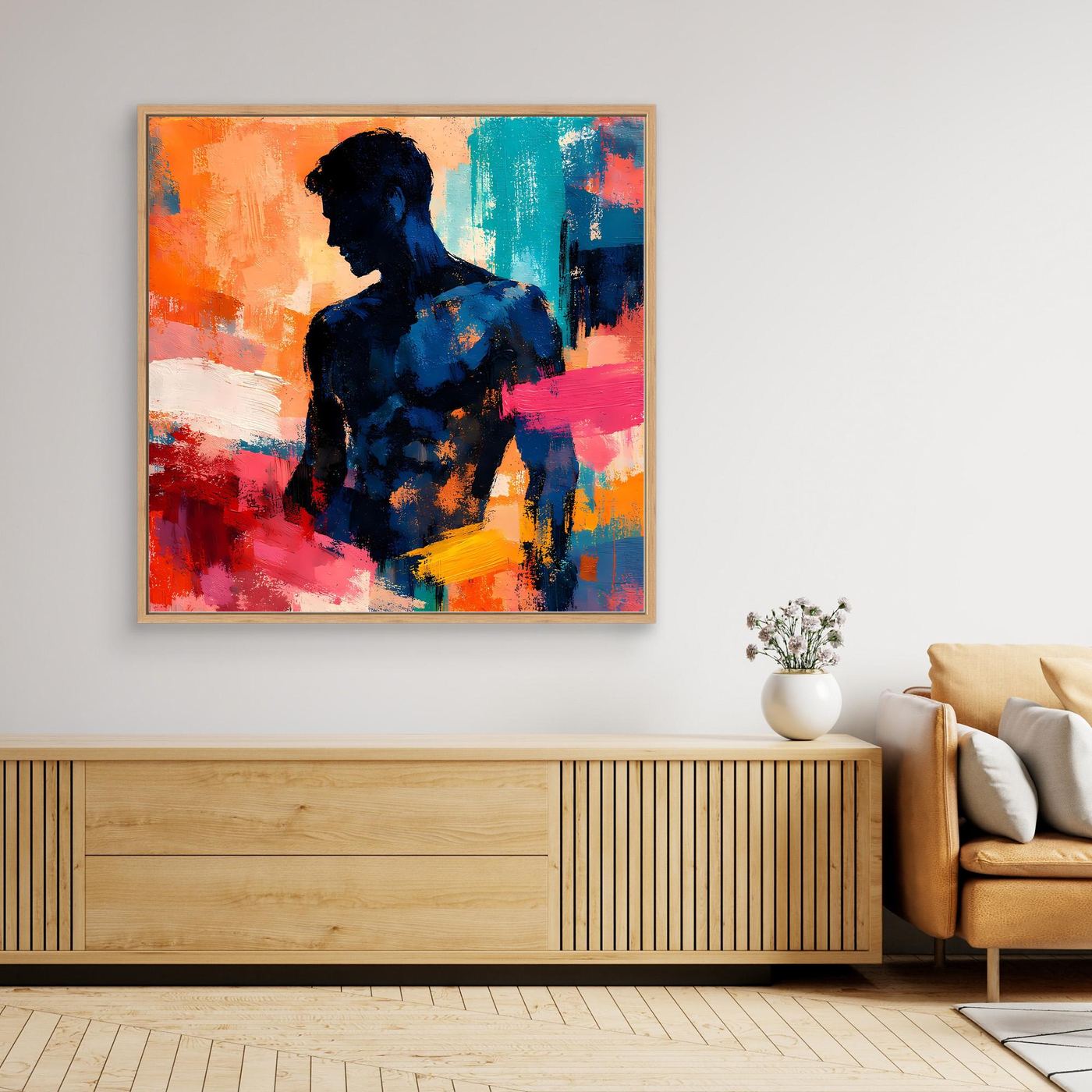 Abstraktes Leinwand-Wandbild mit maskuliner Silhouette, bunte Farbflecken, Holzrahmen, nah