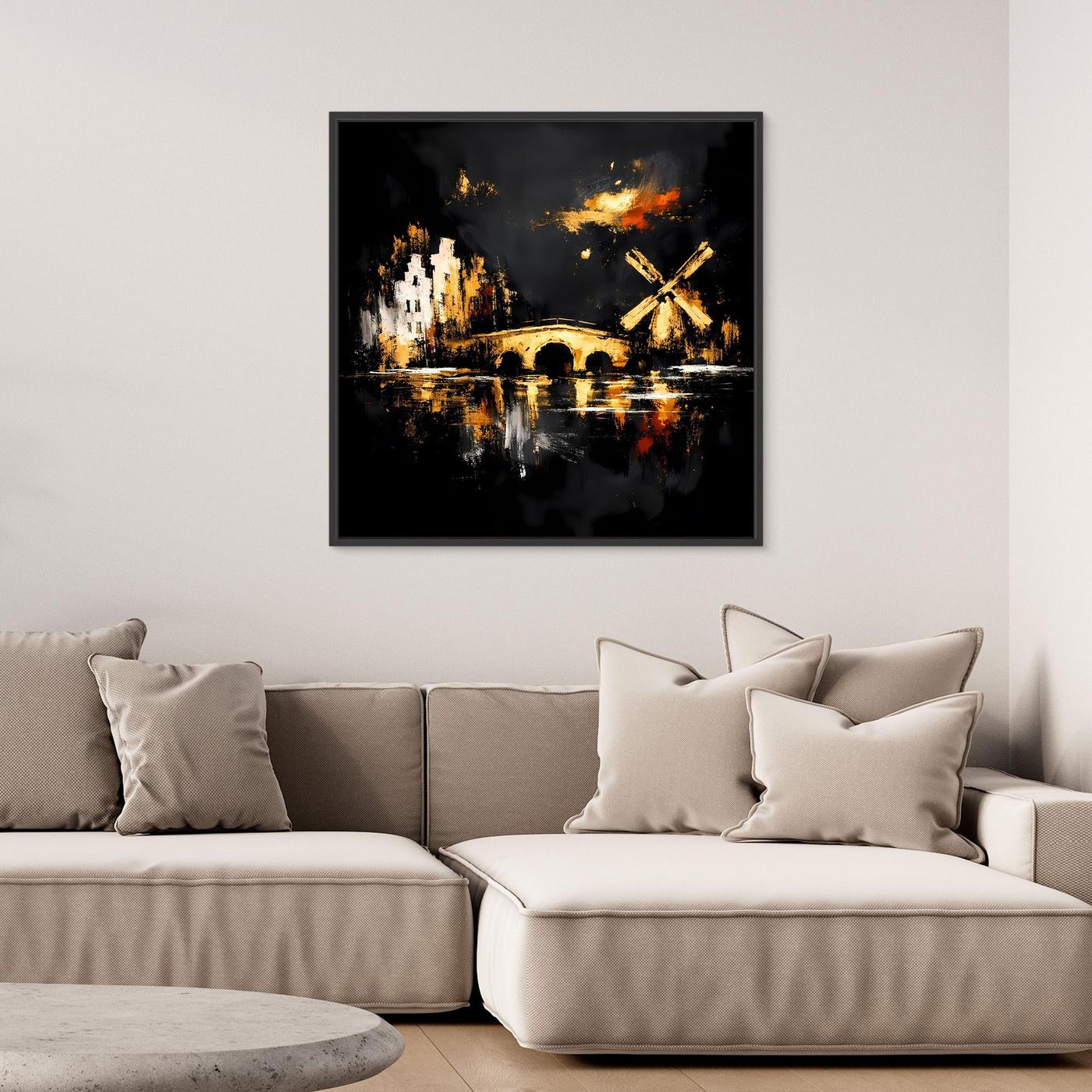 Leinwand Goldene Windmühle in Amsterdam | Abstraktes Holland Wandbild Modern