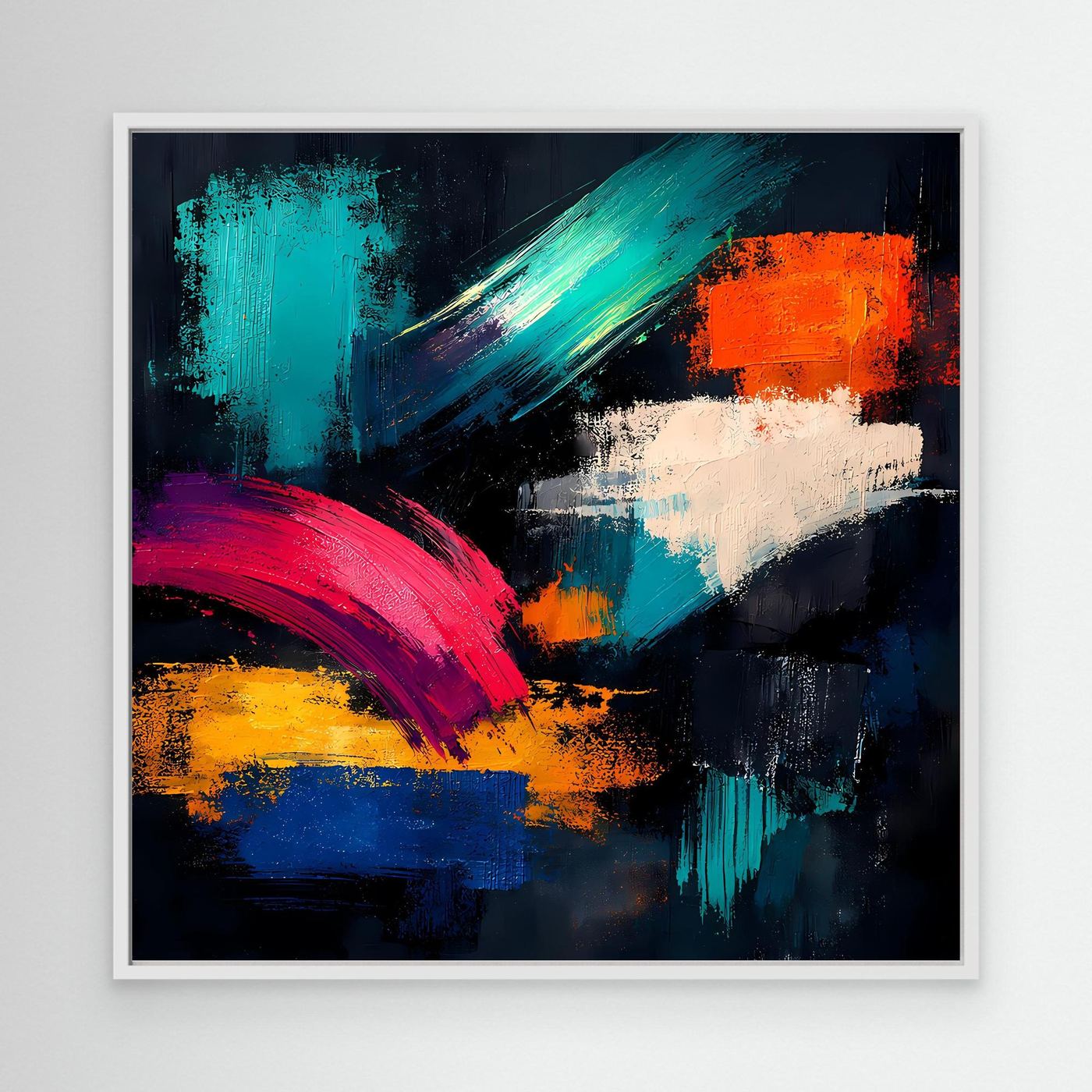 Leinwandbild abstrakt mit Farbstrichen in Türkis, Orange, Pink und Blau, weißer Rahmen