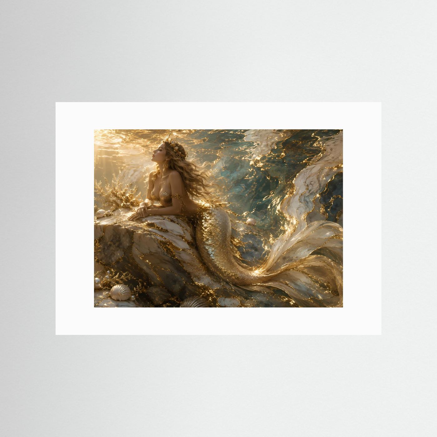 Meerjungfrau Wandbild | Goldene Unterwasser Kunst | Luxus Poster | Fantasy Leinwand | Ozean Wall Art | Elegante Meerjungfrau Dekoration