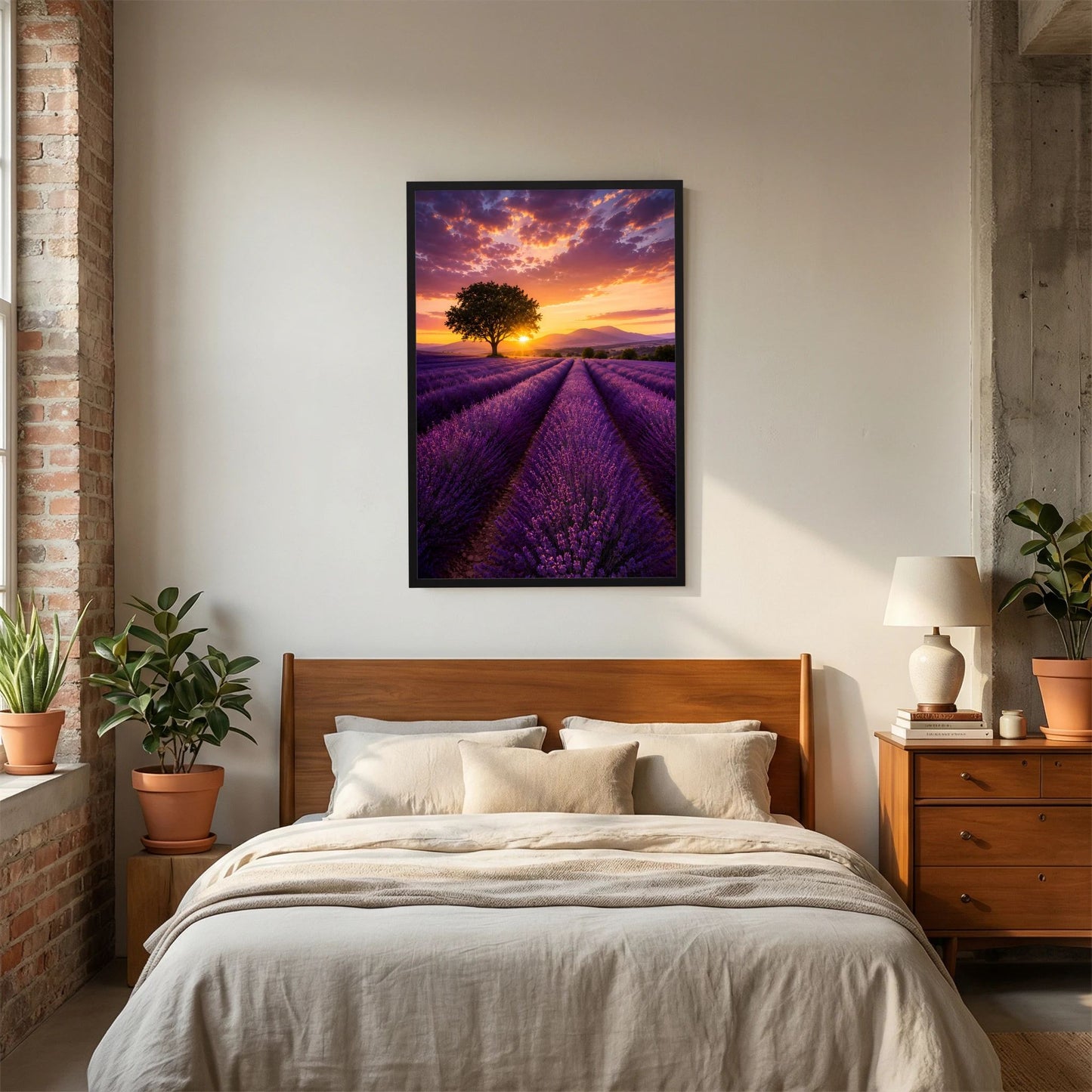Naturposter im Hochformat mit Lavendelfeld bei Sonnenuntergang, schwarze Einfassung