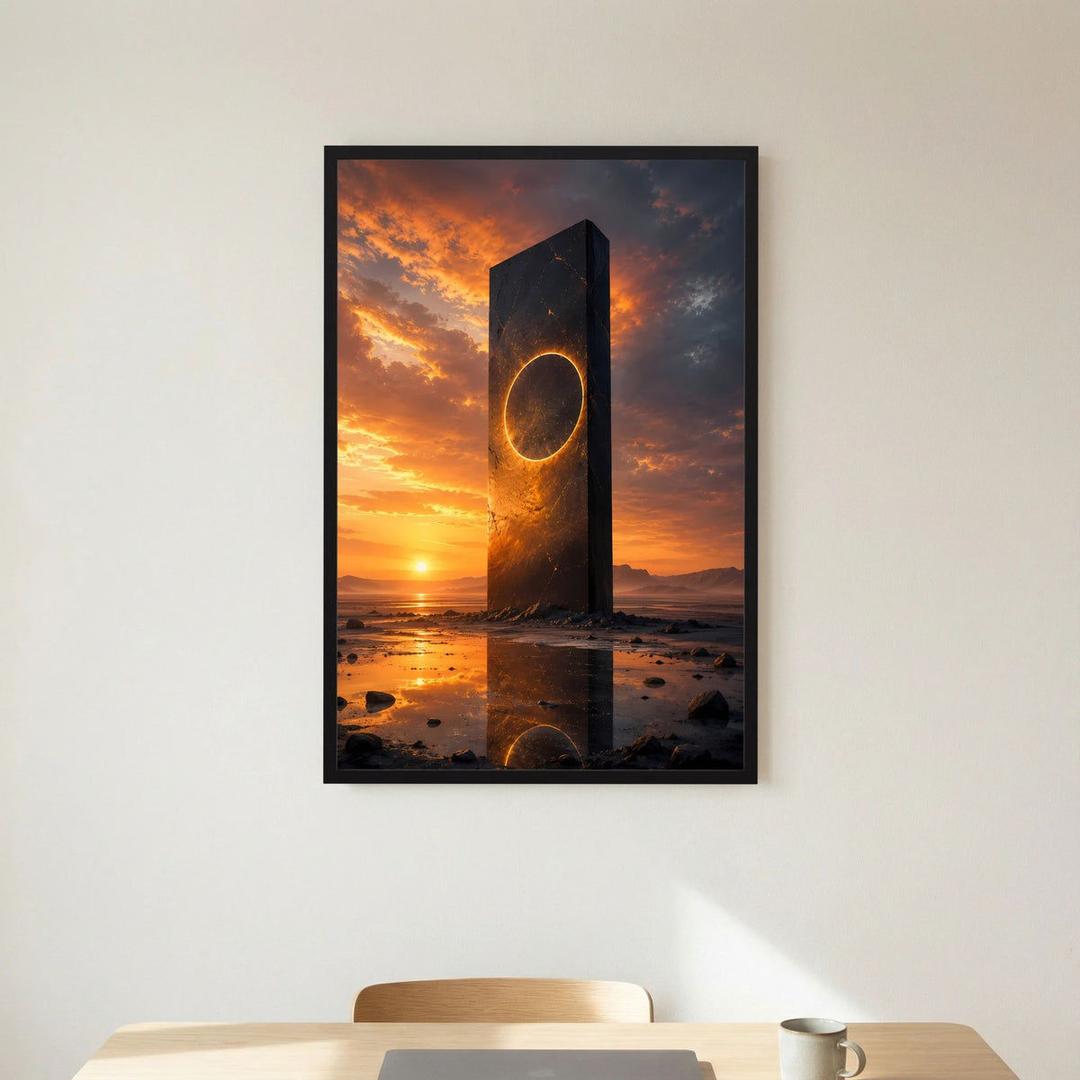 Hochformat-Poster im schwarzen Rahmen: leuchtender Ring am Monolith bei Sonnenuntergang.