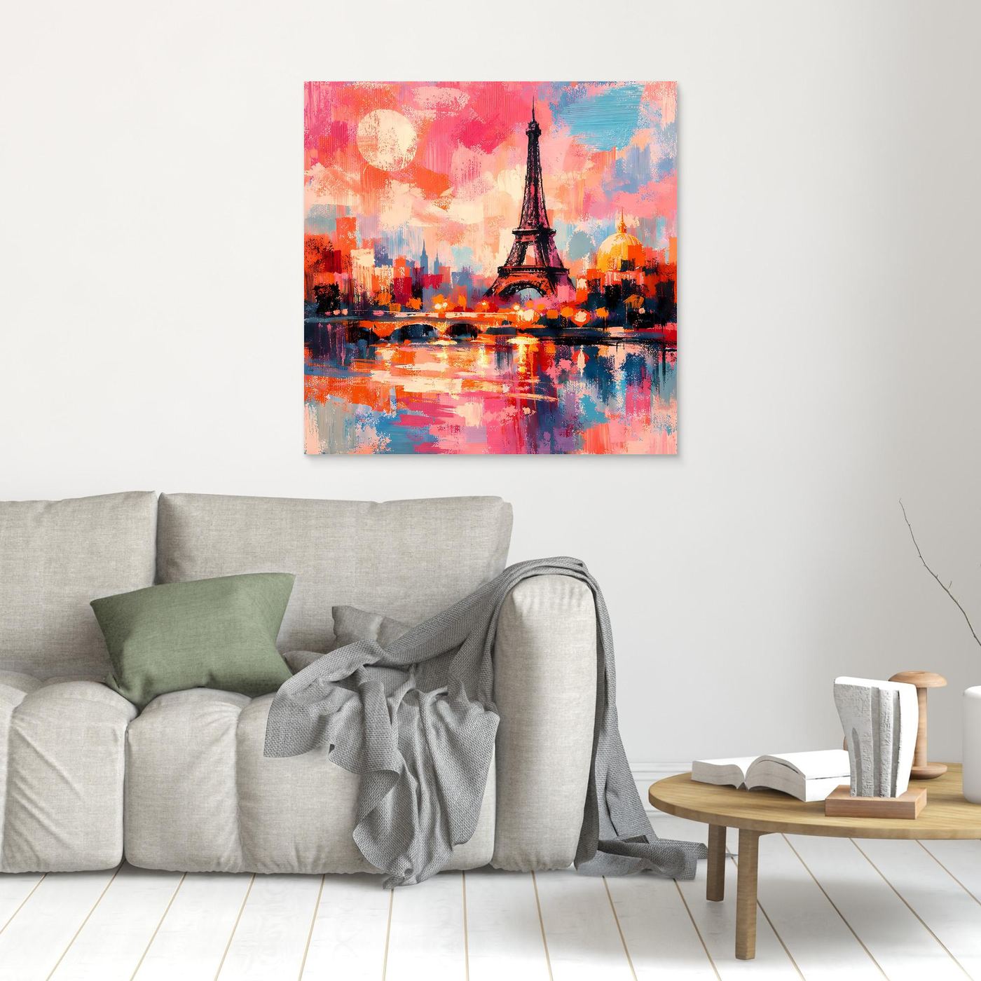 Leinwand-Wandbild mit abstraktem Eiffelturm über farbigem Stadt- und Wasserbild, ungerahmt.