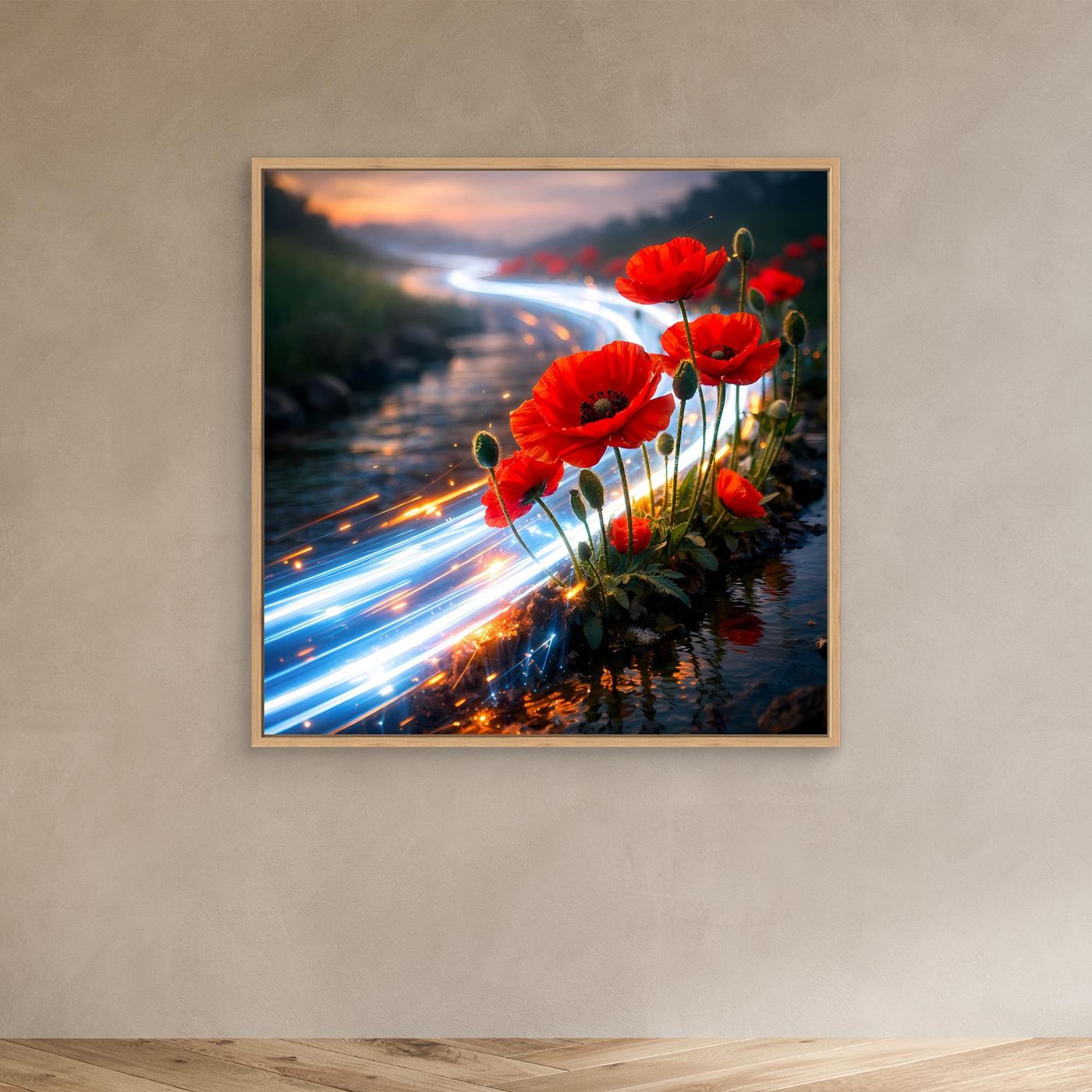 Leinwandbild: rote Mohnblumen am Bachlauf mit blauen Lichtspuren im Eichenrahmen