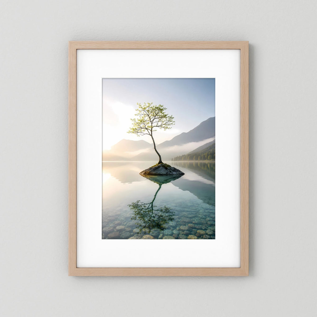 Einsamer Baum im Bergsee | Minimalistische Natur mit Spiegelung | Poster Hochformat