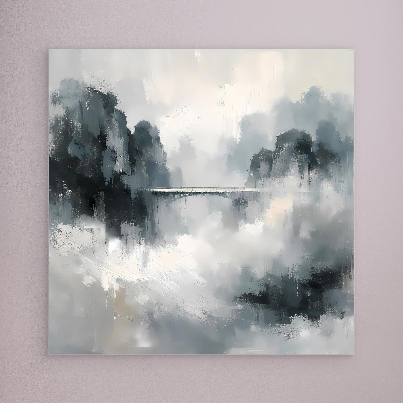 Leinwand Mystische Bergbrücke im Nebel | Abstraktes Natur Wandbild Grau
