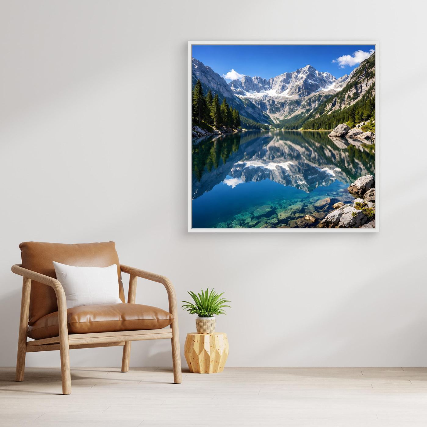 Quadratisches Leinwandbild Alpenpanorama mit blauem Rand und Holzrahmen