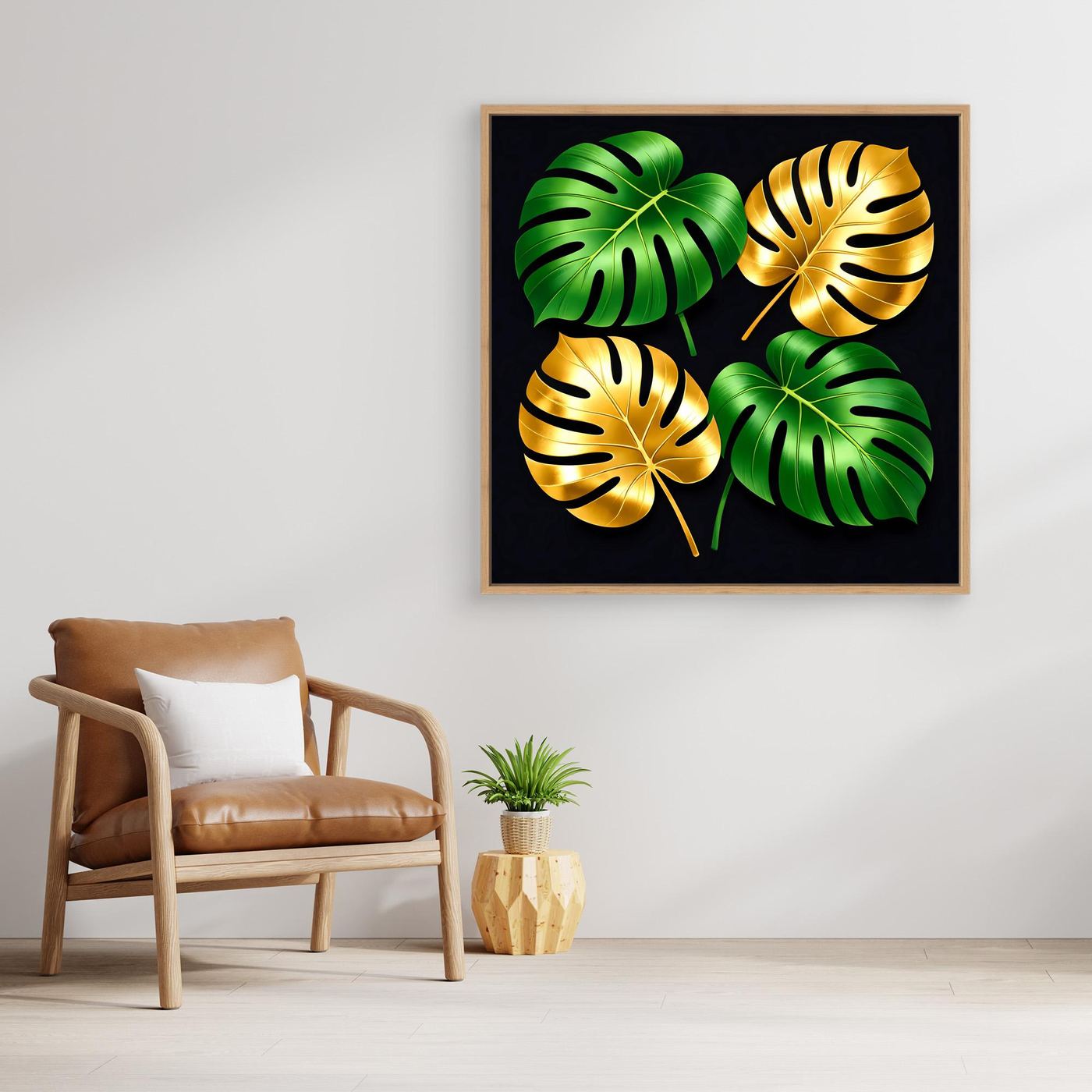 Gerahmtes Leinwandbild: vier Monstera-Blätter in Grün und Gold auf dunklem Grund, heller Holzrahmen