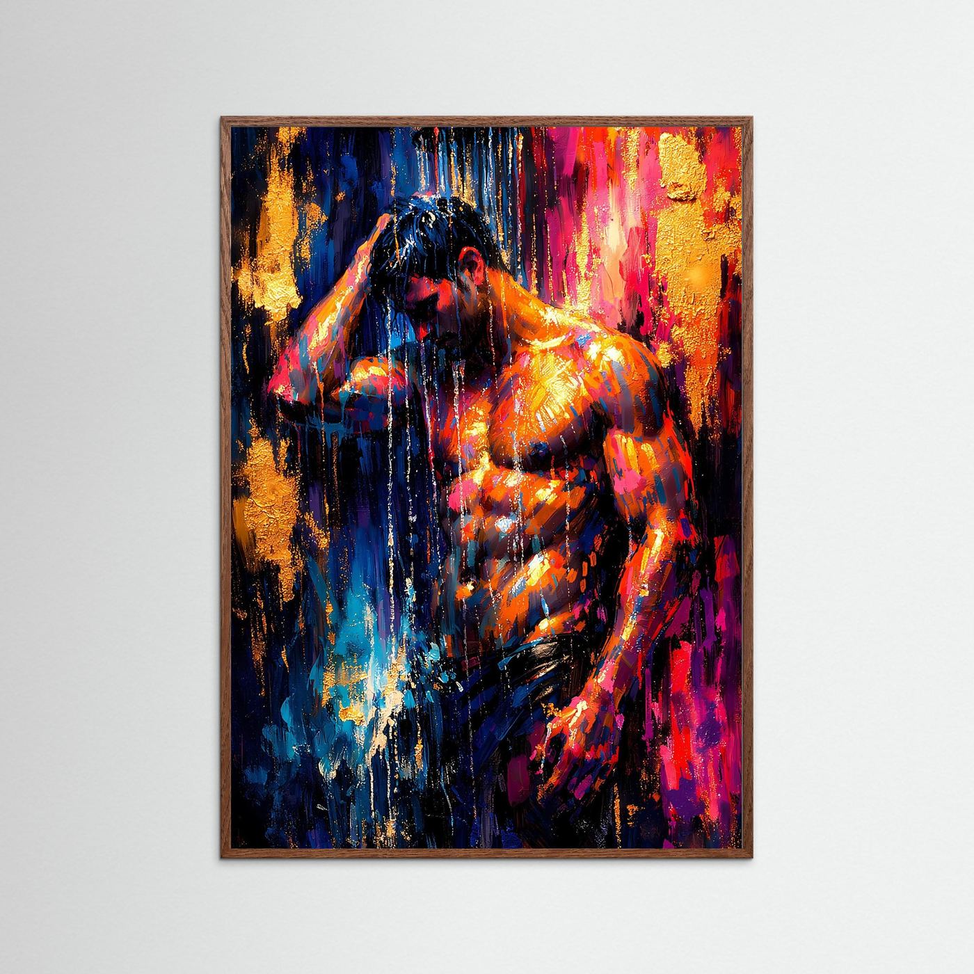 Kunstdruck mit abstraktem Akt unter Wasserstrahlen in Neonblau, Gold und Pink, dunkler Eichenrahmen