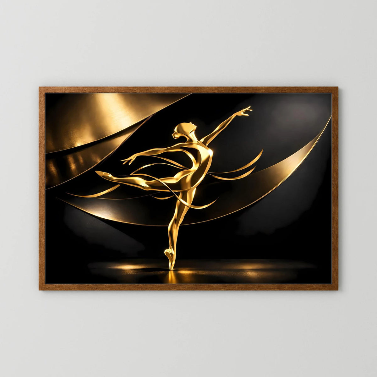 Wandbild im Holzrahmen (dunkel) mit goldener Ballerinafigur auf schwarzem Grund.