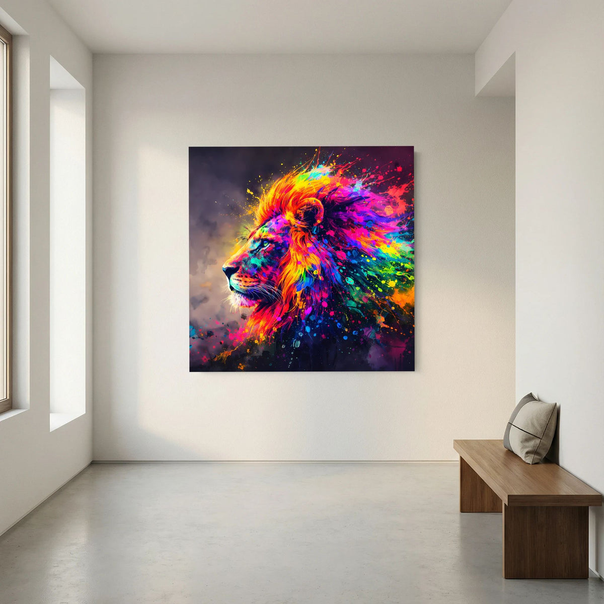 Quadratisches Leinwandbild auf Keilrahmen mit Löwenprofil nach links, Neon-Farbspritzer.