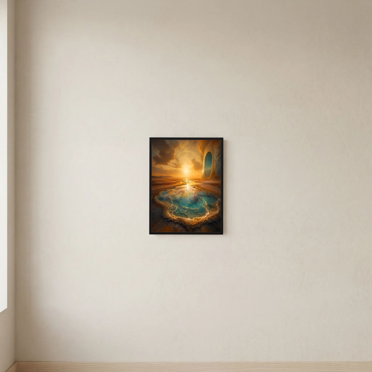 Poster im Hochformat mit schwarzem Rahmen: goldene Sonnenlandschaft und türkisfarbenes Wasser.