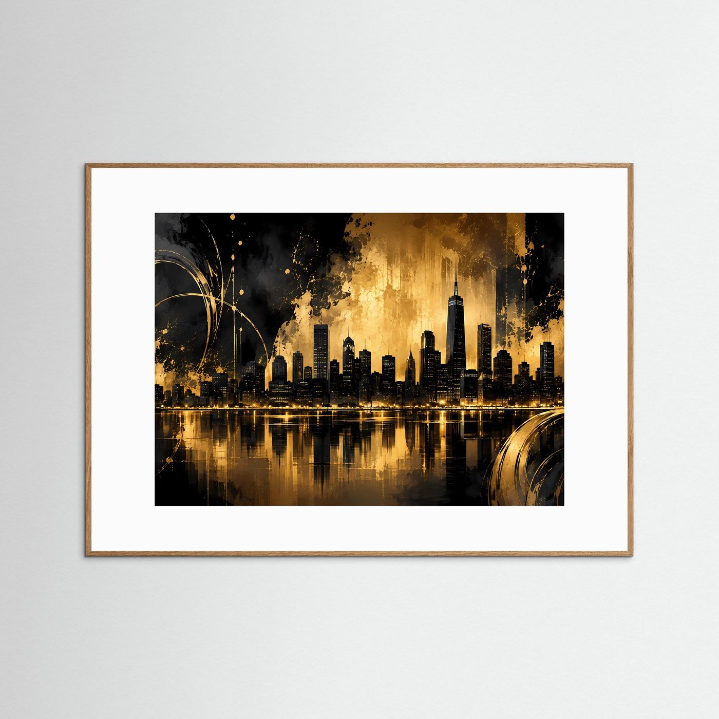 Goldene Skyline bei Nacht | Abstrakte Metropole in Schwarz und Gold mit leuchtender Spiegelung | Luxuriöse moderne City-Wandkunst im Querformat