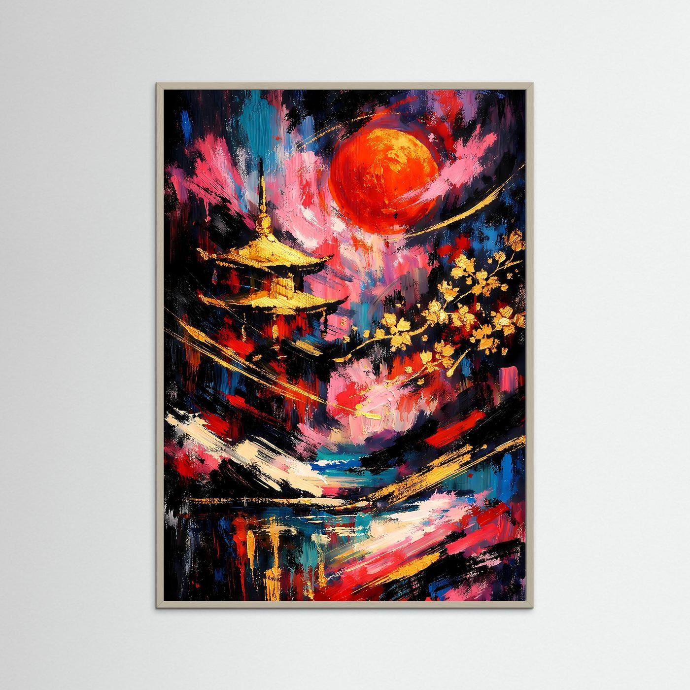 Abstraktes Pagoden-Poster (Hochformat) mit Sonnenmotiv, brauner Holzrahmen
