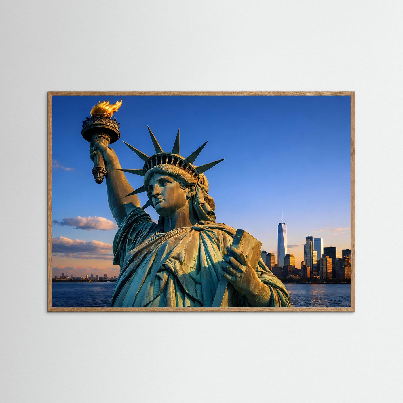 Freiheitsstatue-Poster im braunen Holzrahmen, Freiheitsstatue mit New-York-Skyline