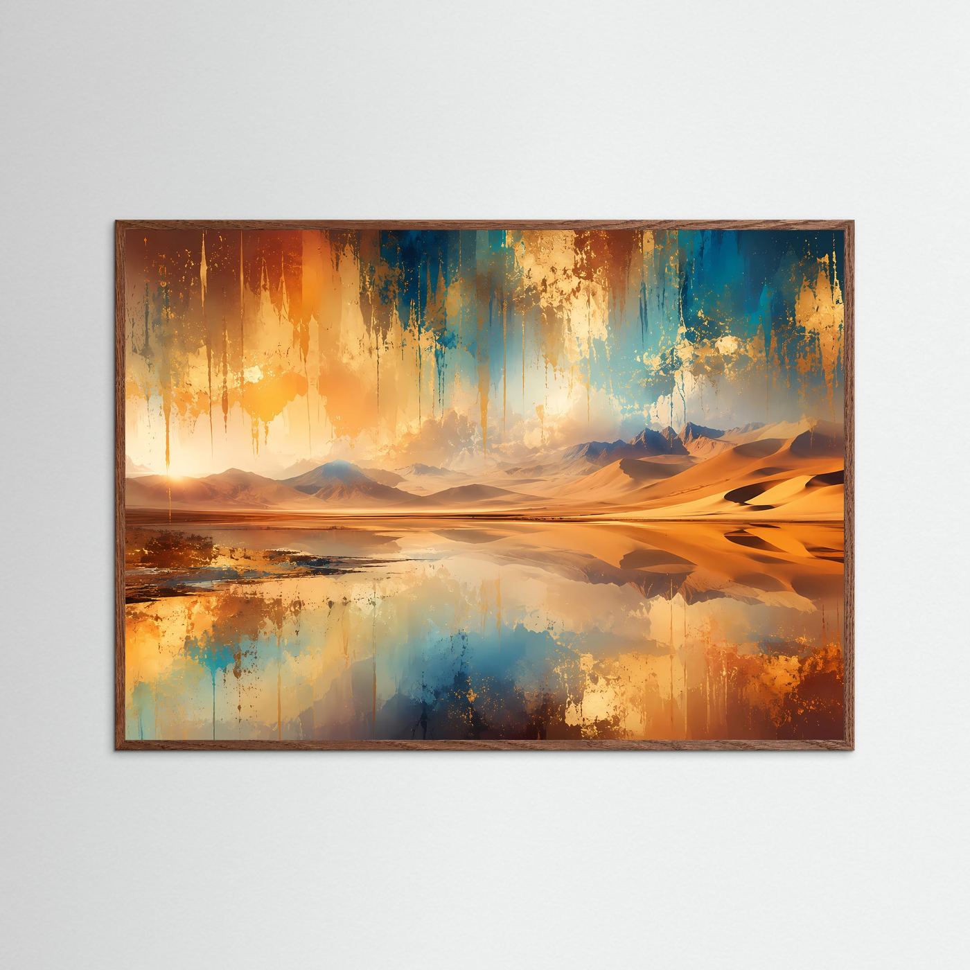 Abstrakte Wüstenlandschaft Poster Querformat | Modernes Panorama Wandbild in Gold, Blau & Sandfarben | Elegante Landschaftskunst