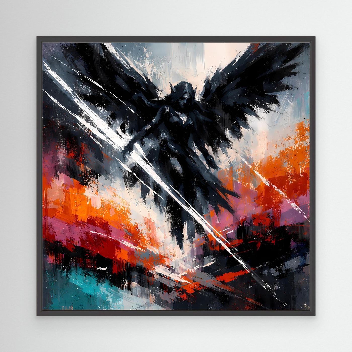 Fantasy-Wandbild im schwarzen Rahmen: dunkler Engel mit Flügeln, diagonalem Licht und Farbflecken