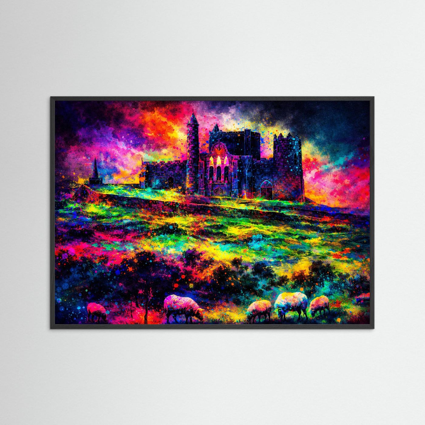 Farbgewaltige Irische Burg mit Schafen | Irland Festung & Natur Poster Querformat