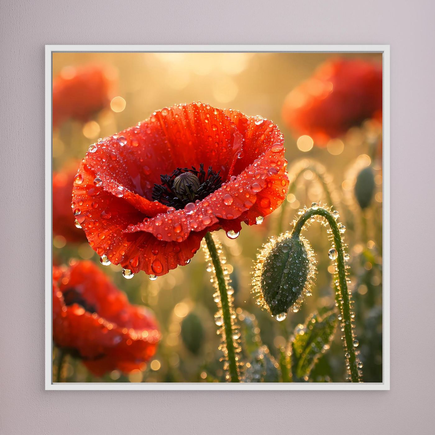 Gerahmtes Leinwandbild mit rotem Klatschmohn und Wassertropfen auf Blütenblättern