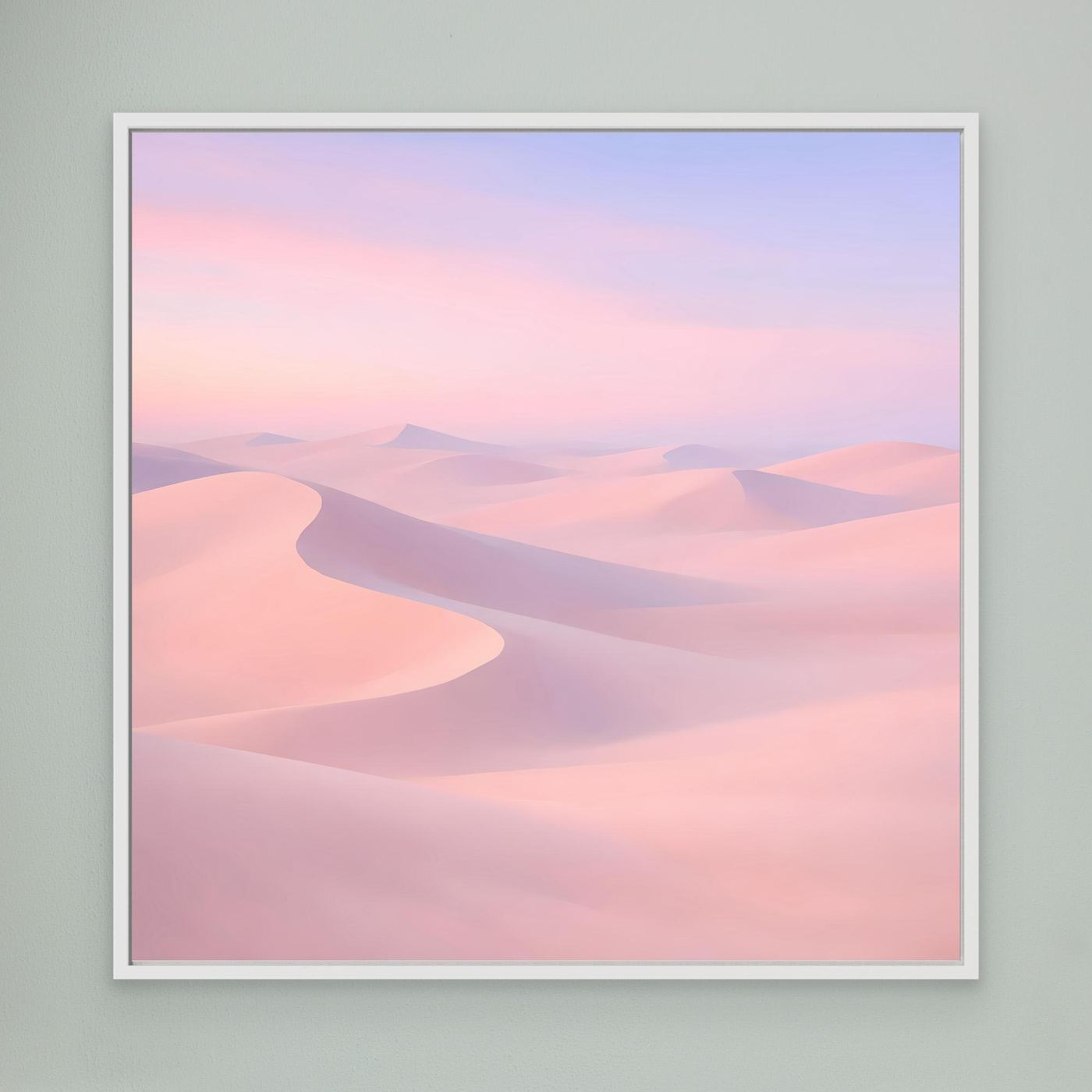 Leinwandbild mit Pastell-Wüstendünen in Rosa und Flieder, schwarze Rahmenkante