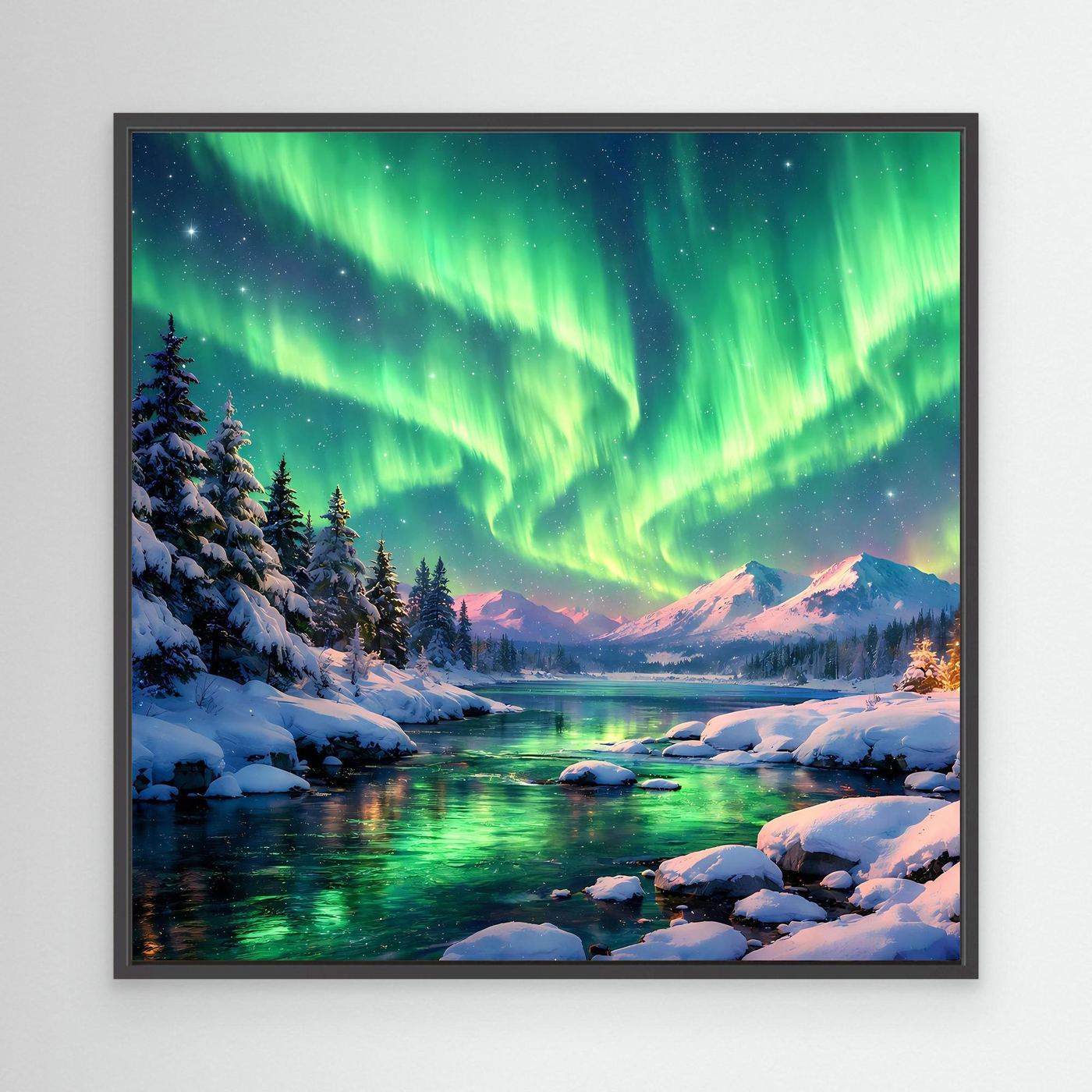 Leinwandbild Magische Polarlichter | Winterliche Polarlicht-Nacht Wandbild auf echtem Holzkeilrahmen