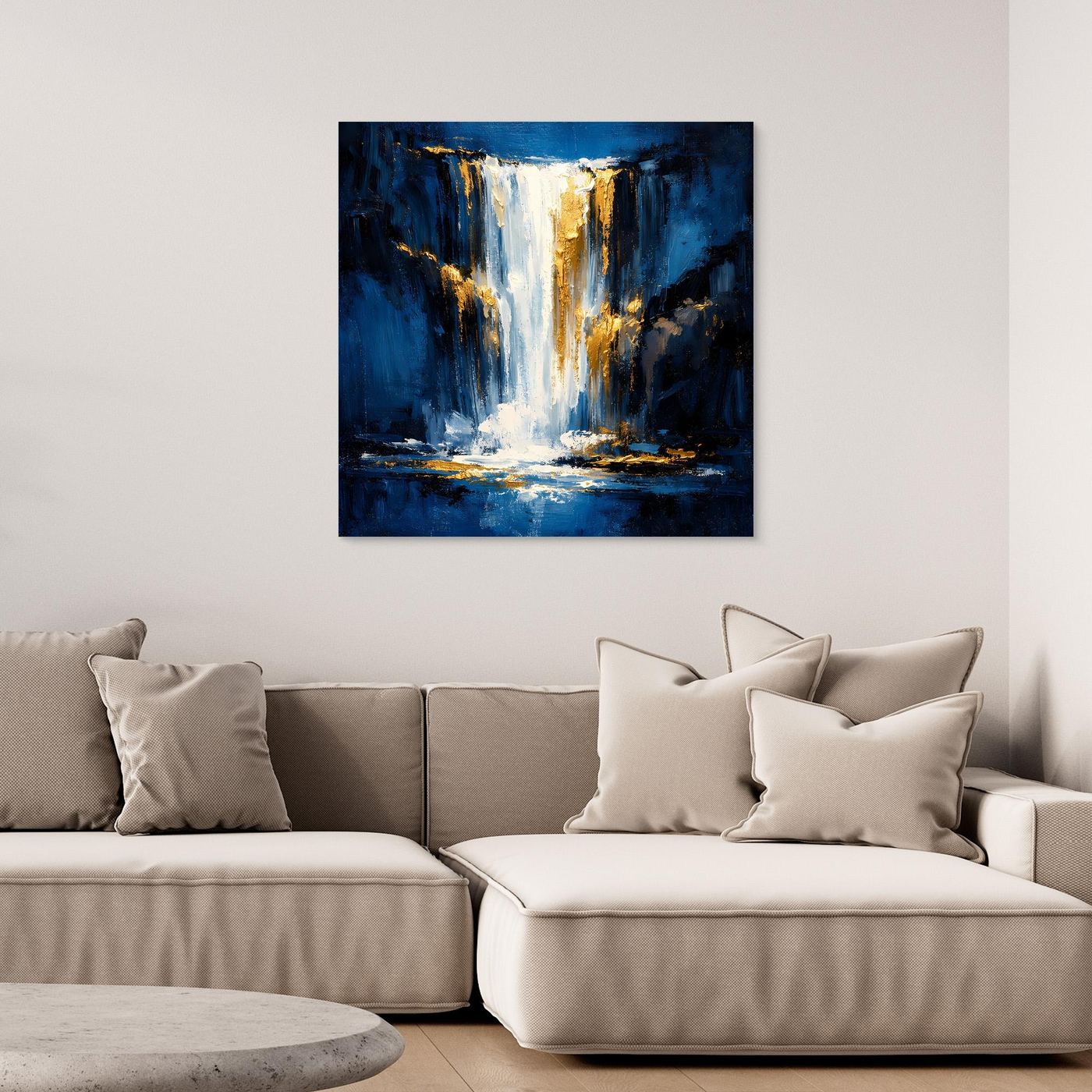 Leinwand Abstraktes Wasserfall Gemälde in Dunkelblau und Gold | Modernes Natur Wandbild