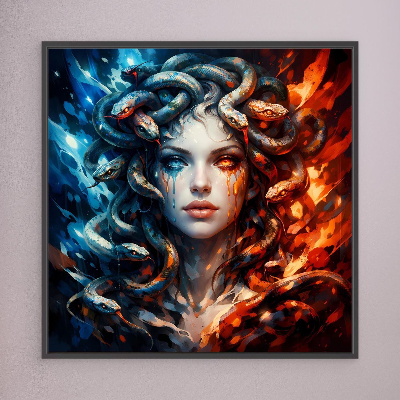 Leinwand Mystische Medusa im Feuer- und Eis-Kontrast | Modernes Fantasy Wandbild