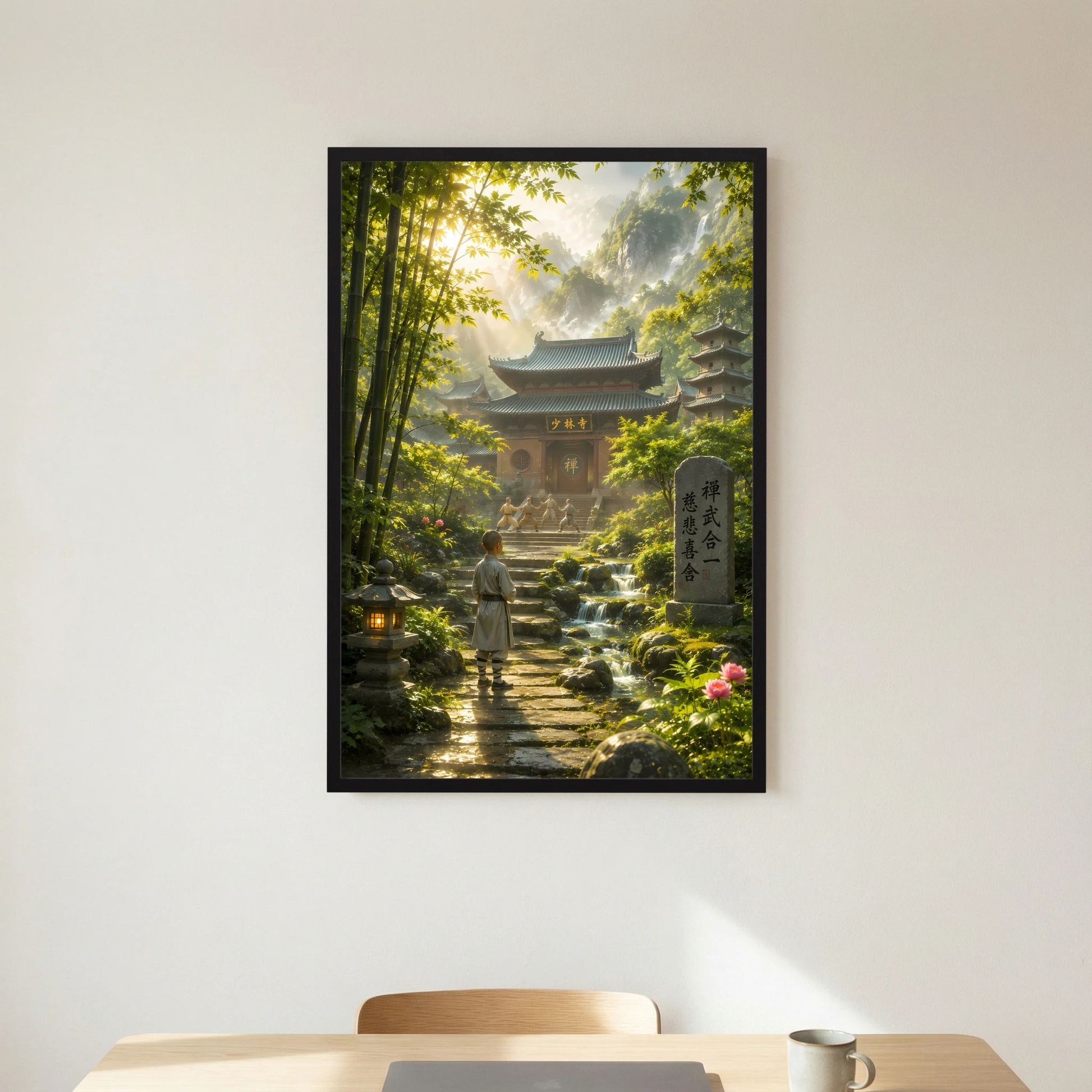 Hochformatiges Poster mit schwarzem Rahmen: Tempel im Bambuswald, Mönch auf Weg