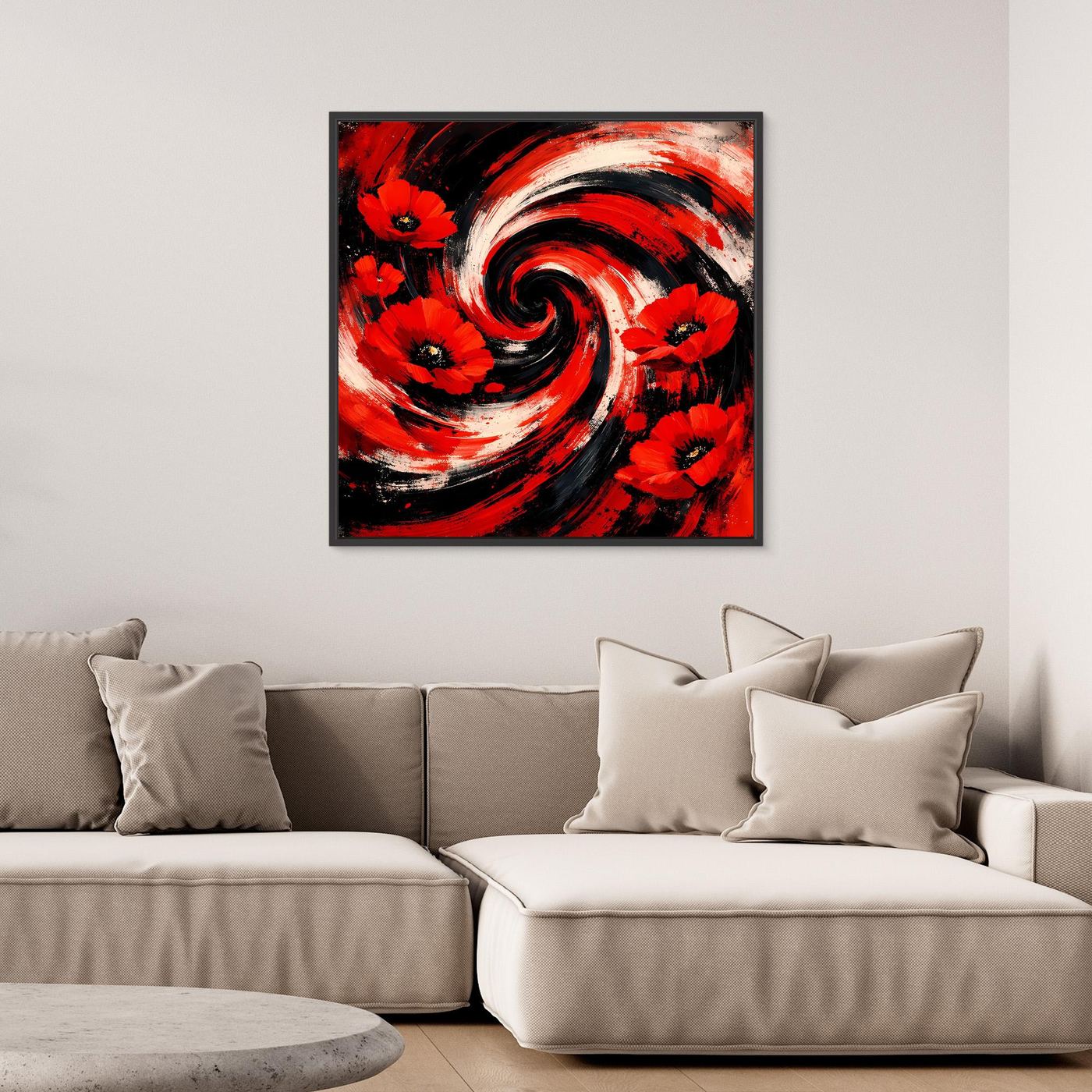 Quadratisches Leinwandbild mit roten Mohnblüten, weißem Schwung und schwarzem Rahmen.