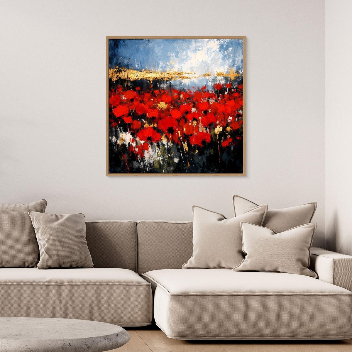 Wandbild mit goldfarbenem Rahmen: rotes Blütenfeld, blauer Himmel und goldener Horizont