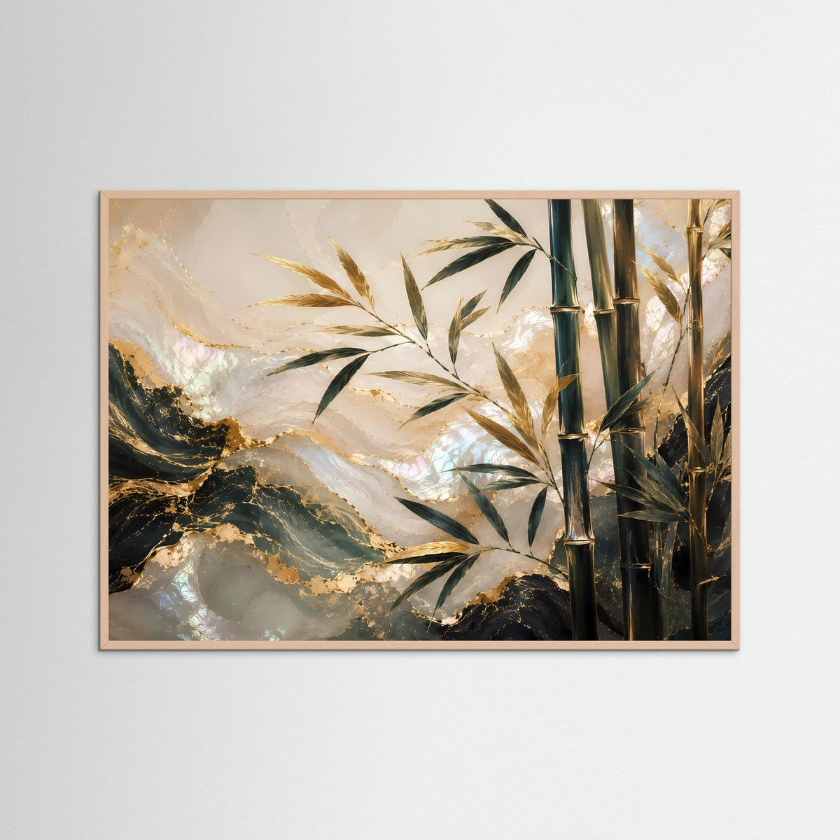 Poster im Querformat mit Bambusblättern und goldenen Akzenten, Gold und Dunkelgrün, im Holzrahmen